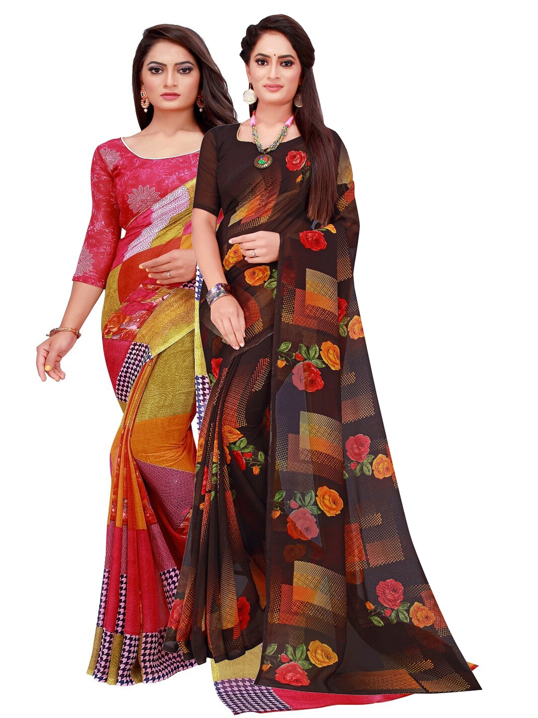 

SAADHVI Red & Black Set Of 2 Floral Pure Georgette Saree