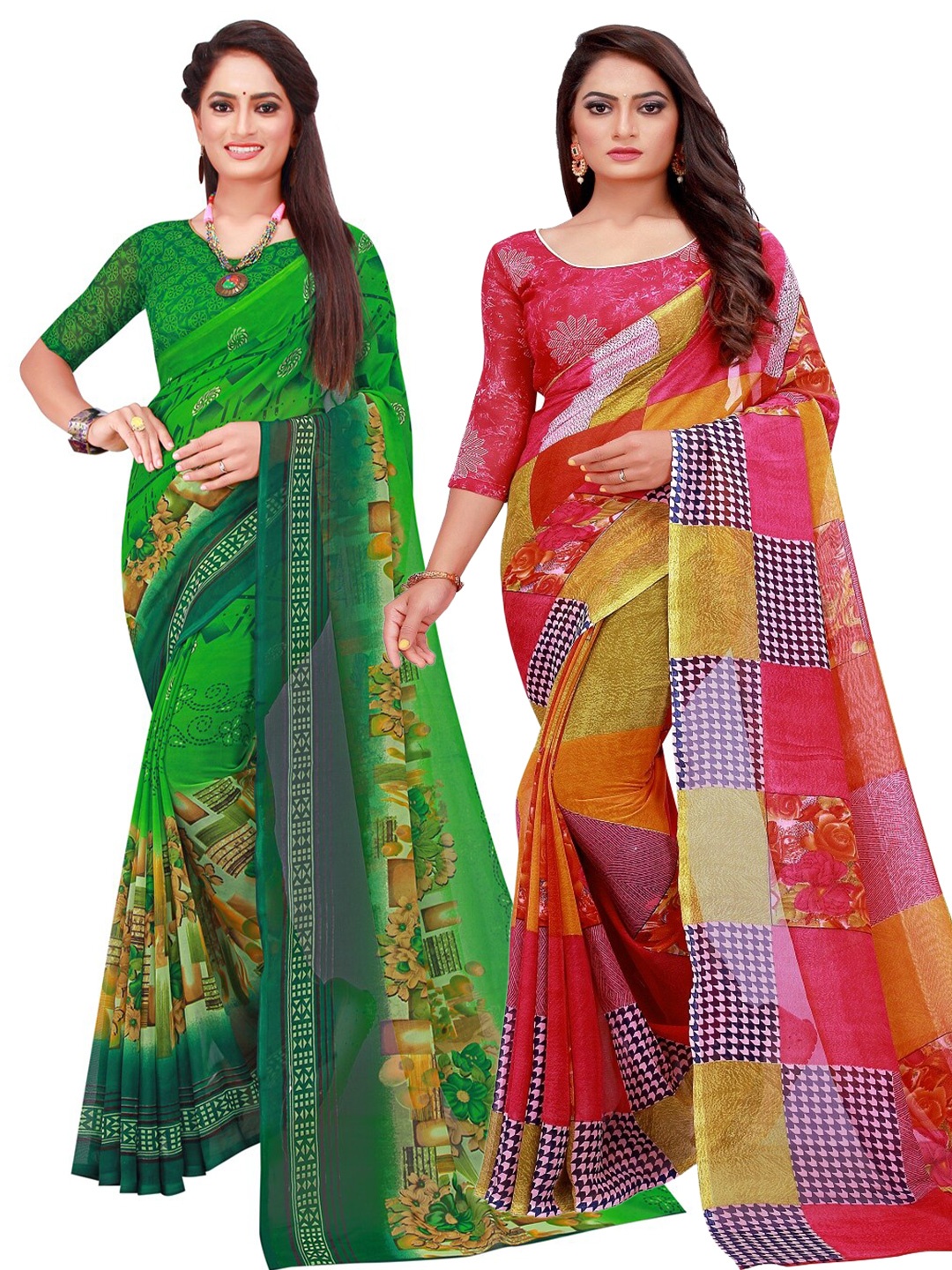 

SAADHVI Red & Green Set of 2 Printed Georgette Saree