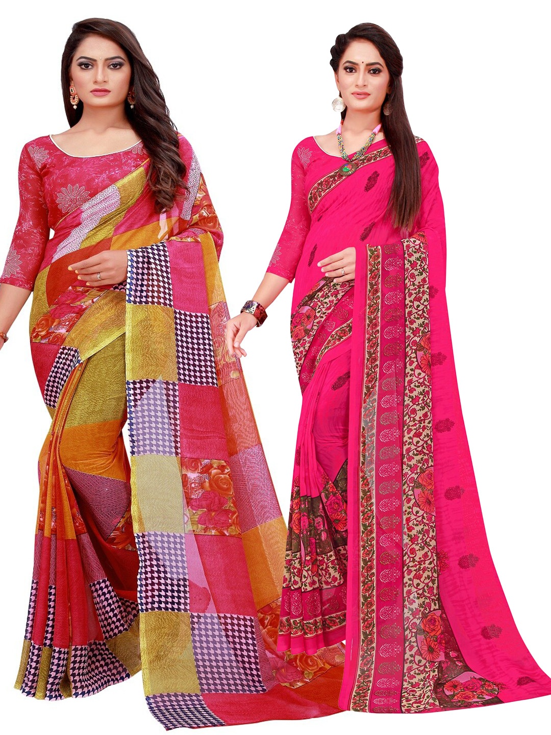 

SAADHVI Red & Magenta Printed Pure Georgette Saree Pack Of 2