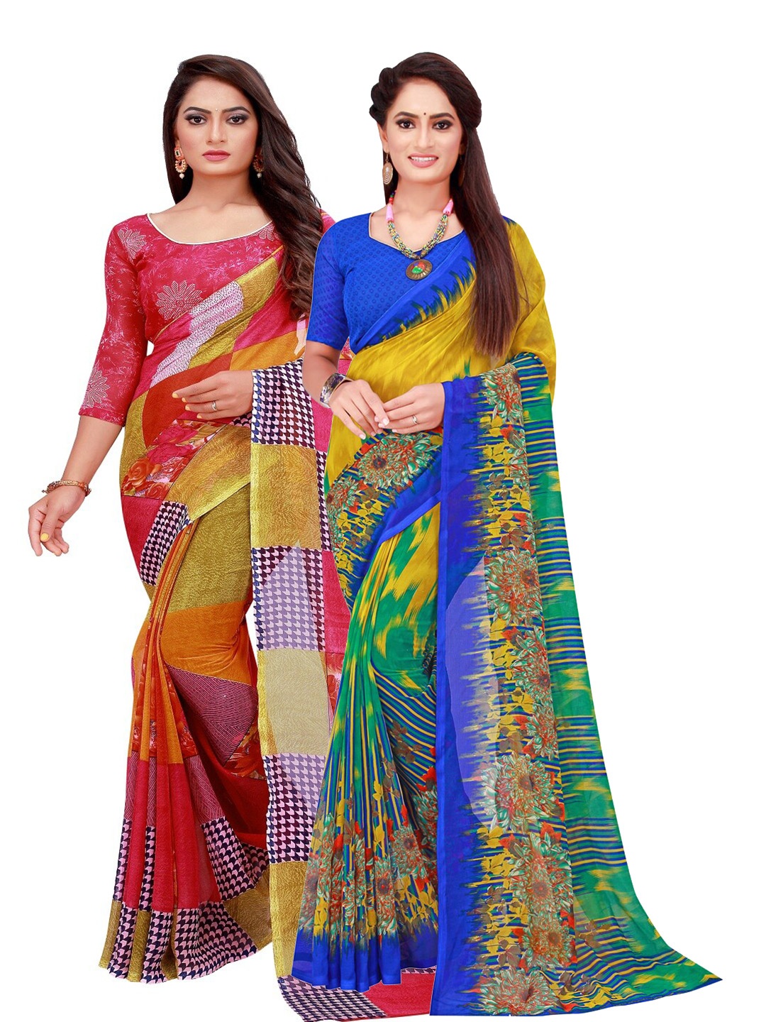 

SAADHVI Red & Green Set Of 2 Floral Pure Georgette Saree
