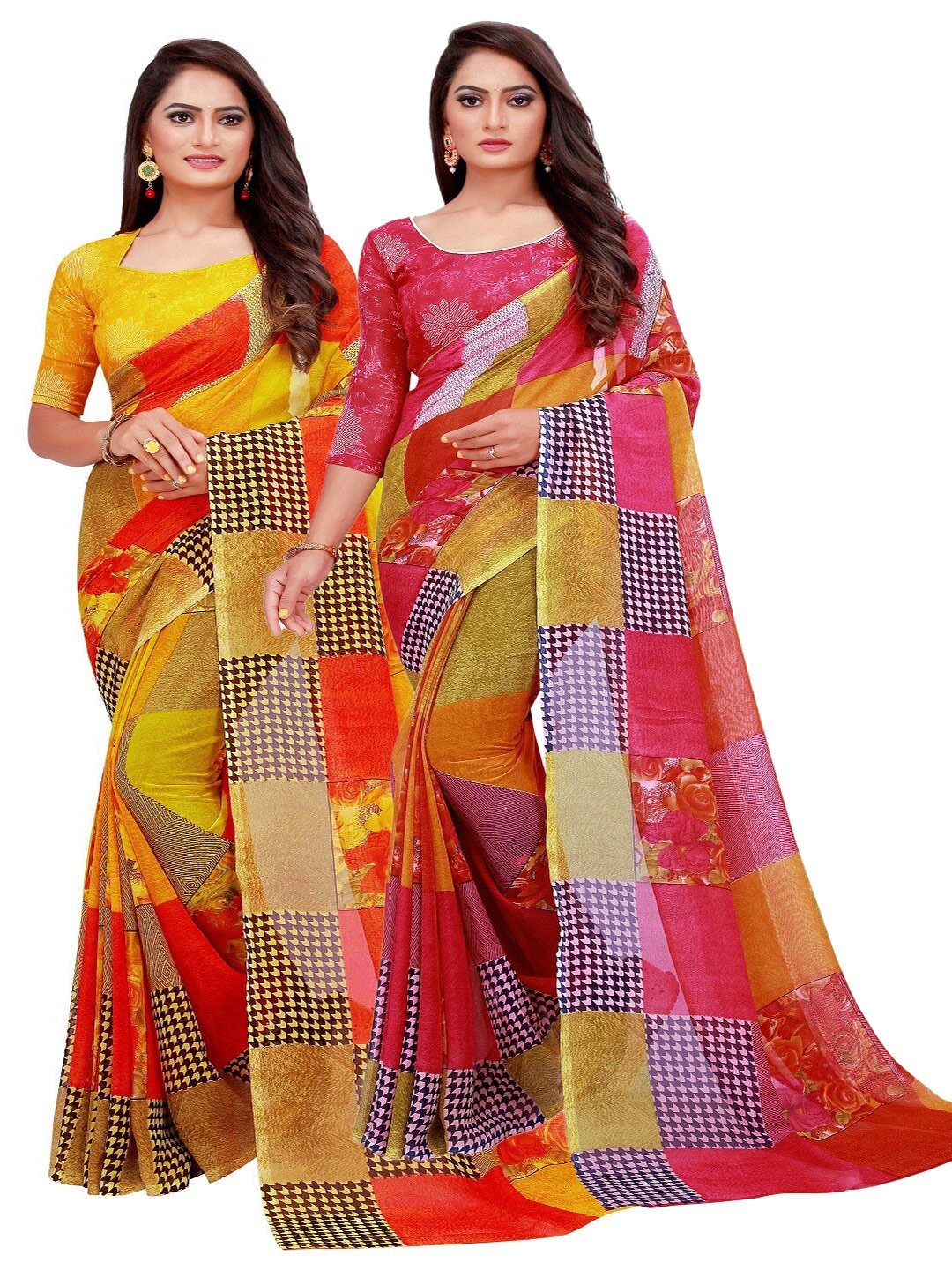 

SAADHVI Red & Yellow Set of 2 Printed Georgette Saree