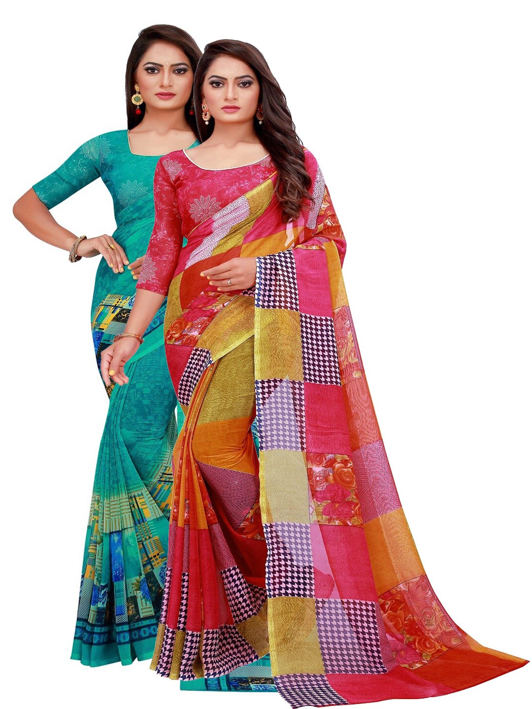 

SAADHVI Turquoise Blue & Red Set Of 2 Floral Pure Georgette Saree