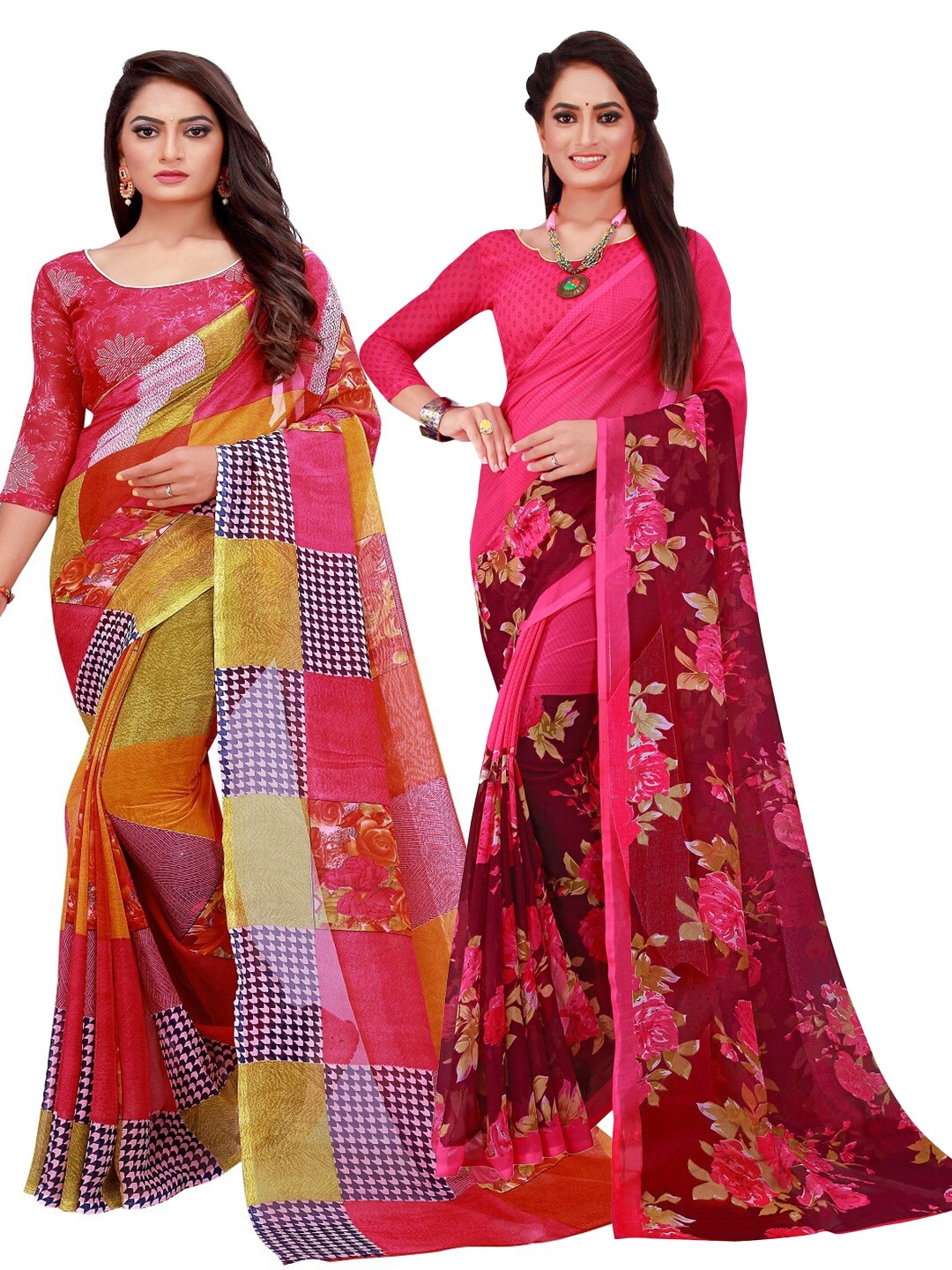 

SAADHVI Red & Magenta Set Of 2 Floral Pure Georgette Saree
