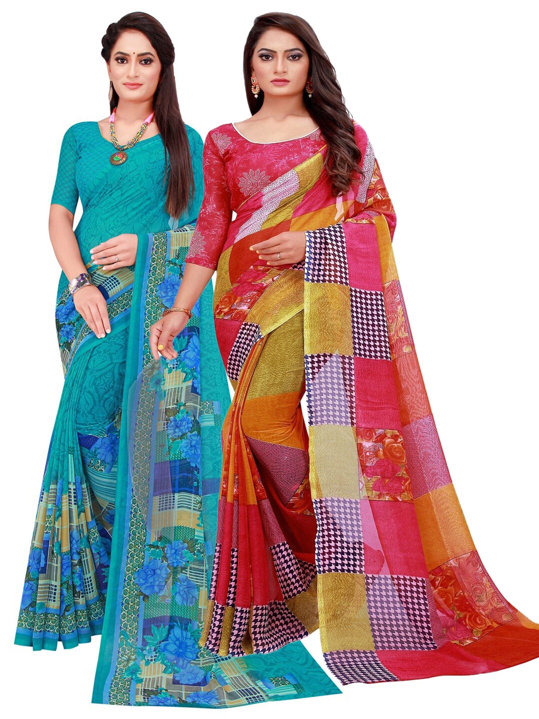 

SAADHVI Turquoise Blue & Red Printed Pure Georgette Saree Pack Of 2