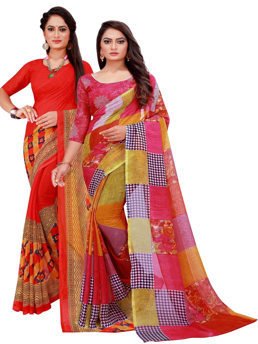 

SAADHVI Red & Yellow Set of 2 Printed Georgette Saree