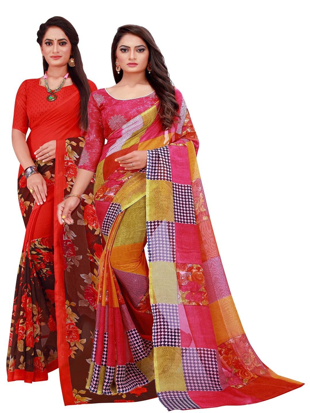 

SAADHVI Red & Pink Printed Pure Georgette Saree Pack Of 2