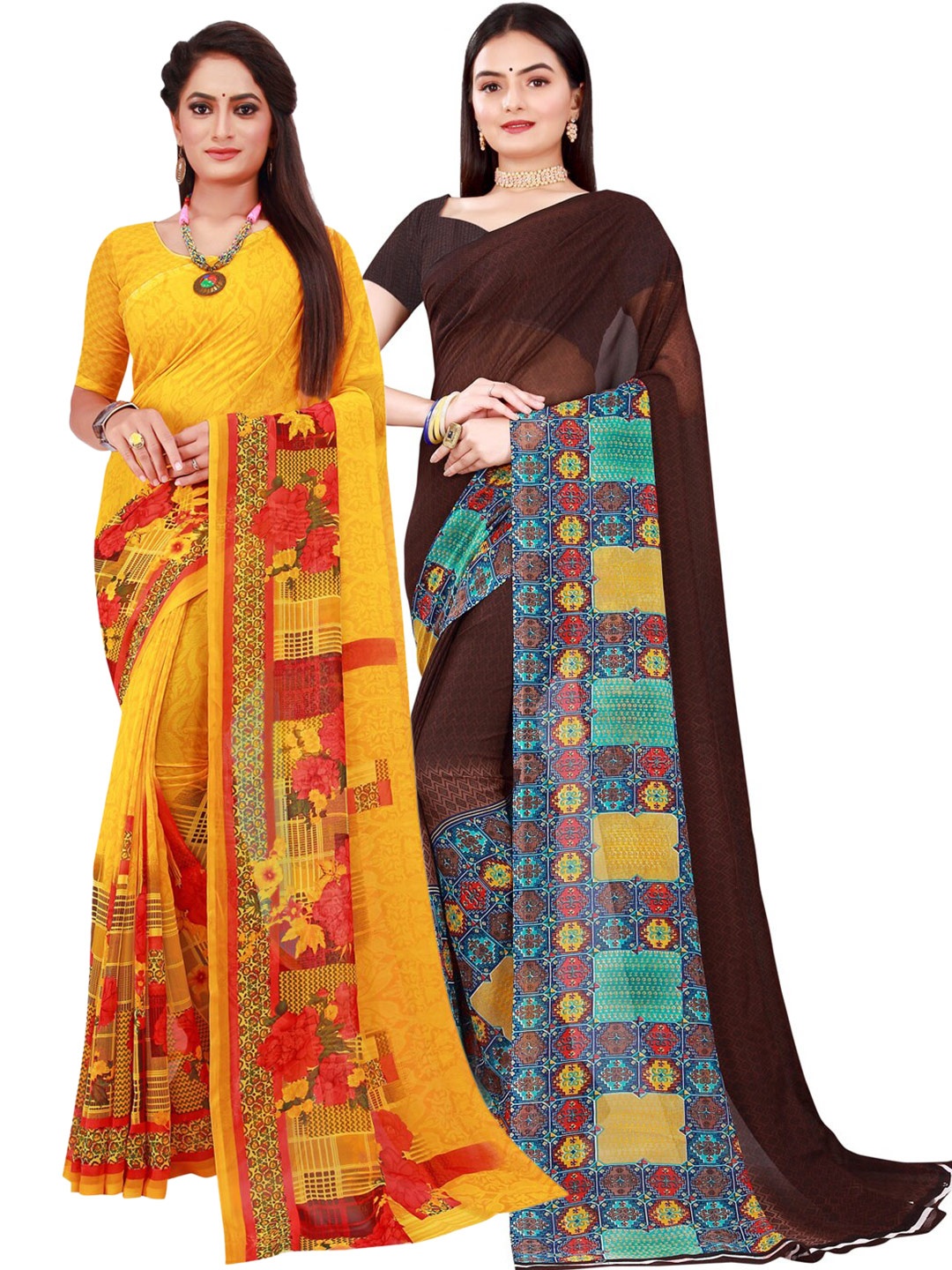 

SAADHVI Brown & Yellow Printed Pure Georgette Saree Pack Of 2