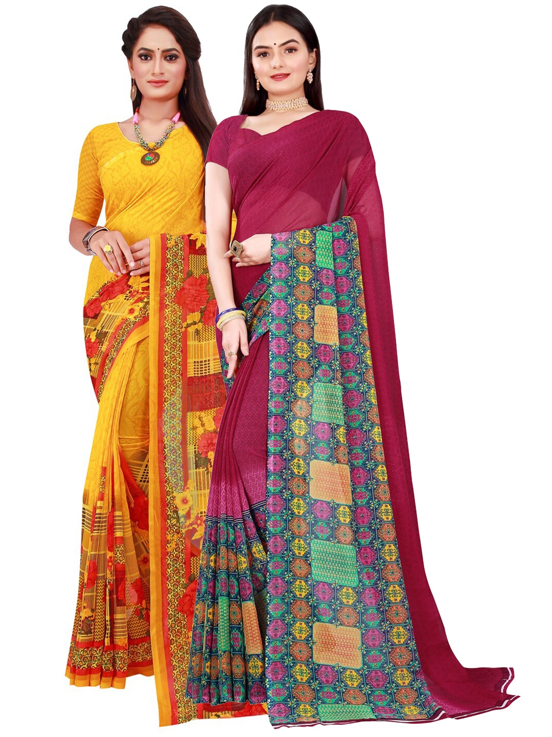 

SAADHVI Yellow & Maroon Printed Pure Georgette Saree Pack Of 2