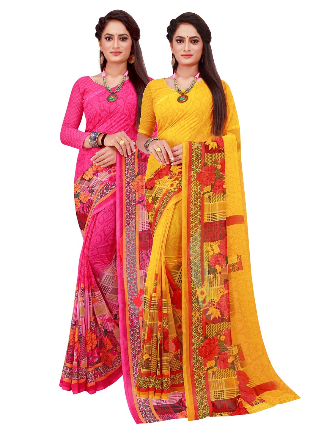 

SAADHVI Magenta & Yellow Set of 2 Printed Georgette Saree