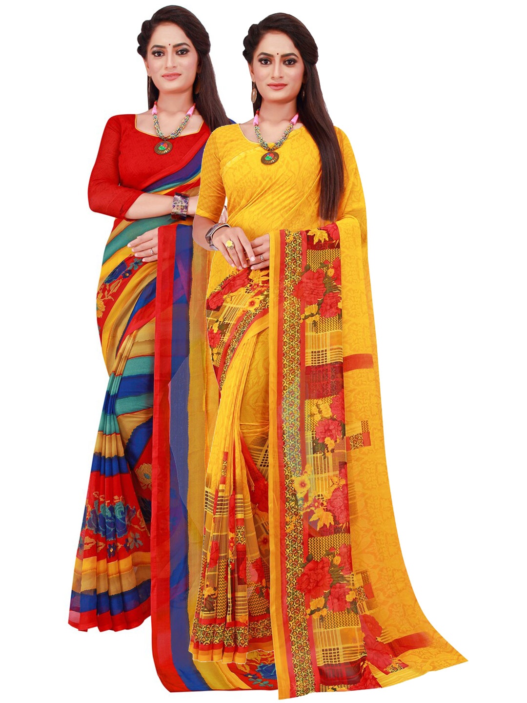 

SAADHVI Yellow & Red Set of 2 Printed Georgette Saree