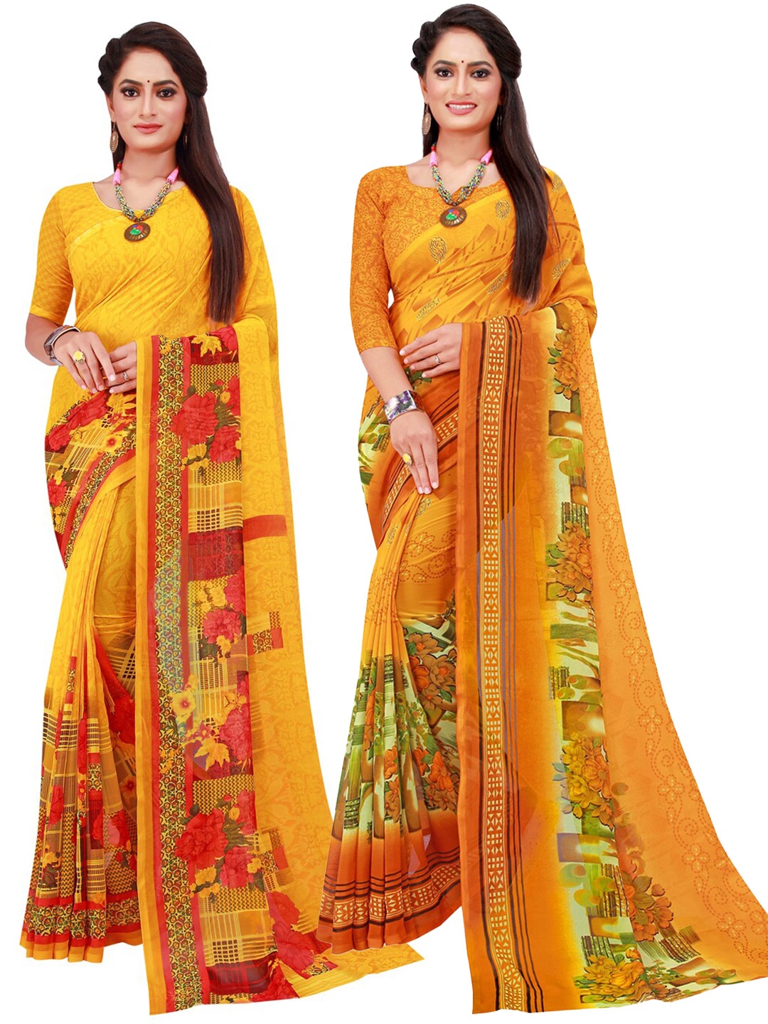 

SAADHVI Pack Of 2 Yellow & Orange Printed Pure Georgette Saree