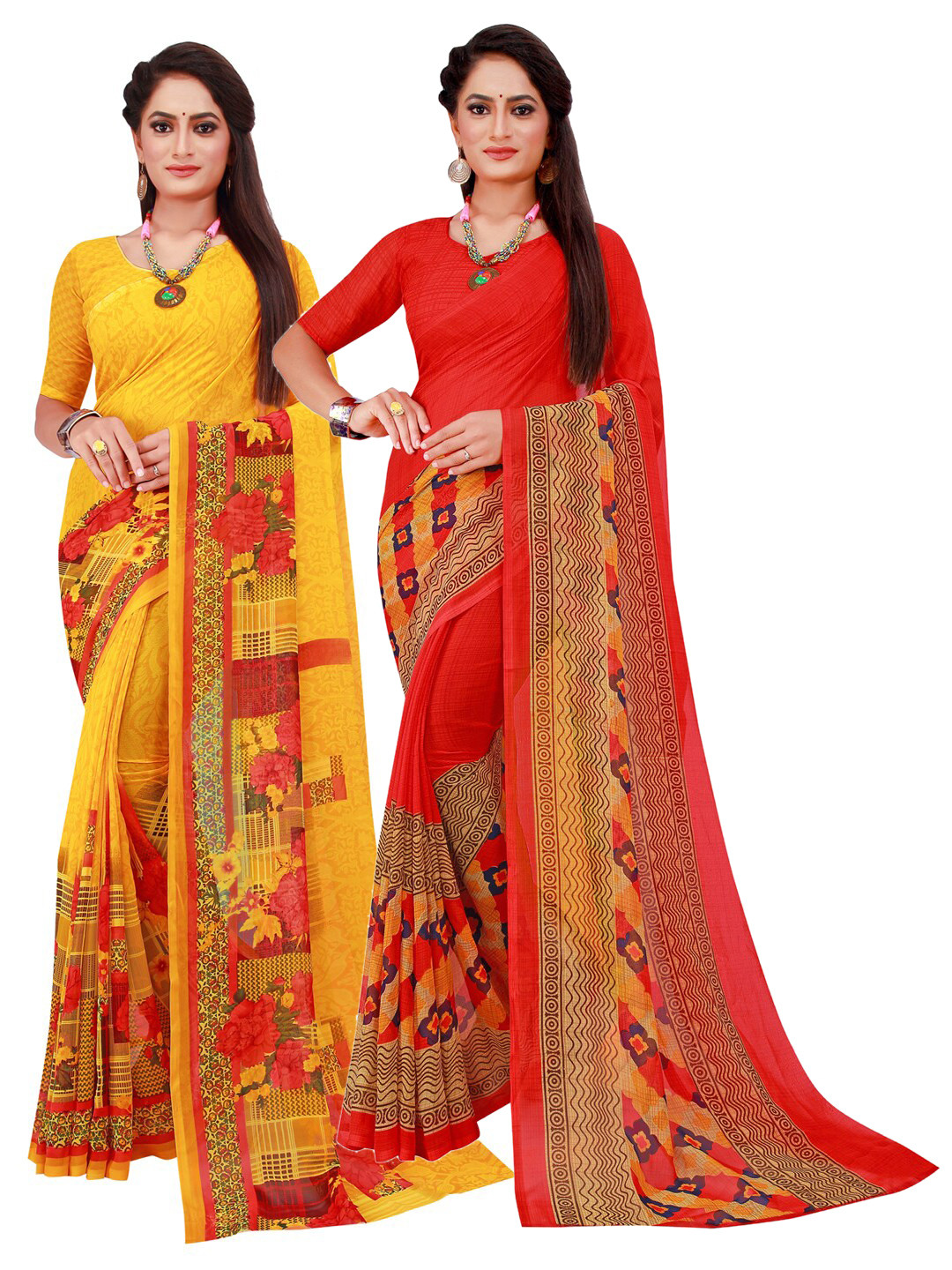 

SAADHVI Orange & Yellow Set of 2 Pure Georgette Saree