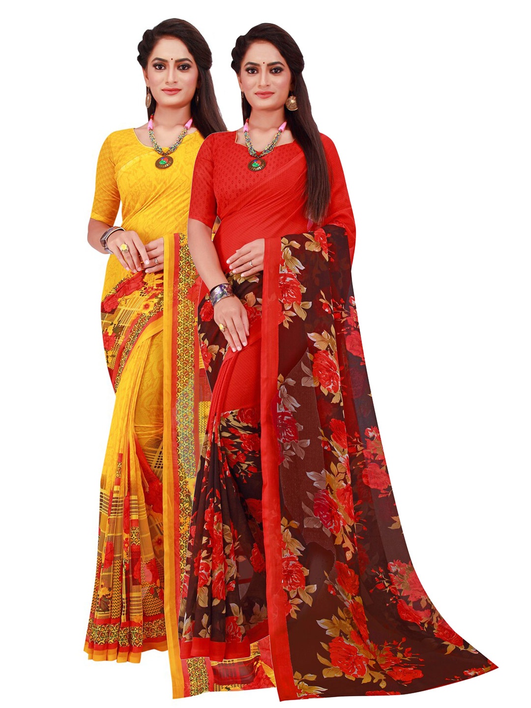 

SAADHVI Yellow & Red Pure Georgette Saree
