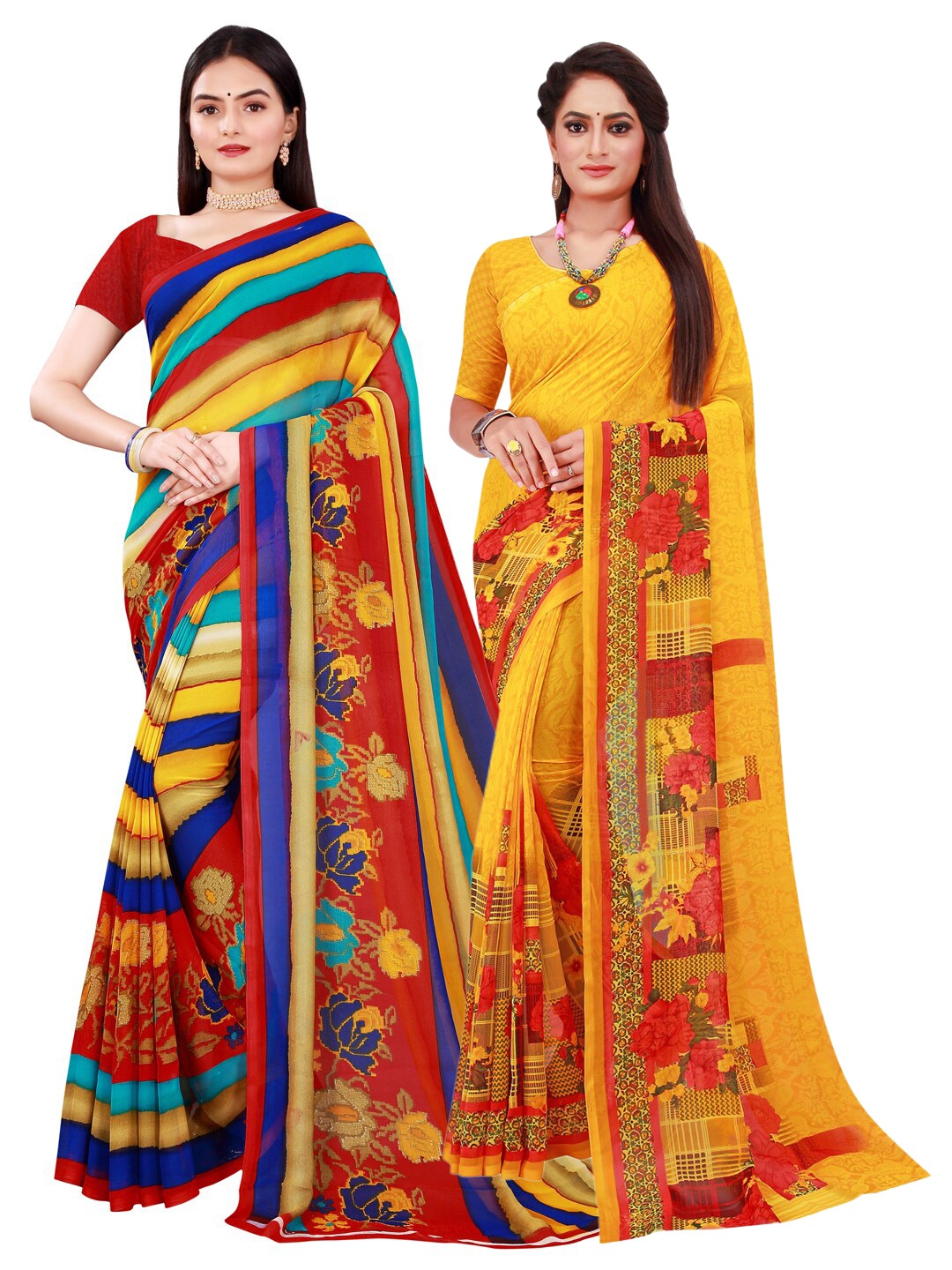 SAADHVI Yellow & Red Pure Georgette Saree