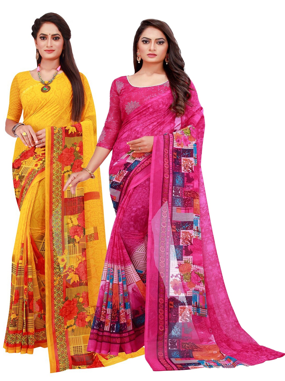 

SAADHVI Pack of 2 Magenta & Yellow Pure Georgette Saree