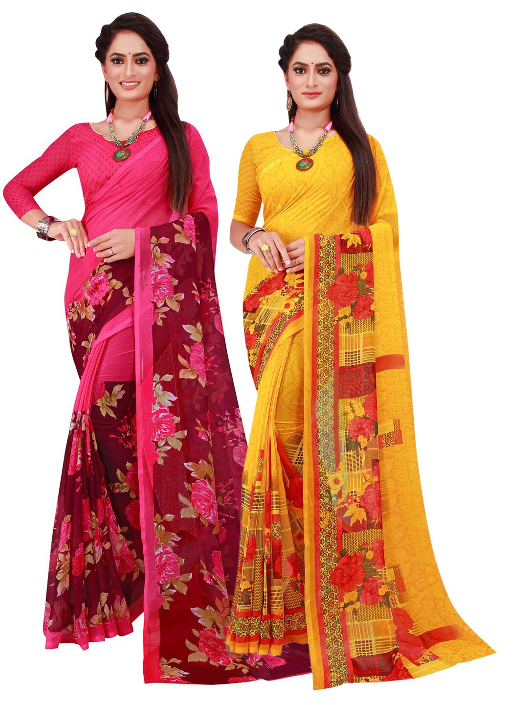 SAADHVI Yellow & Magenta Set of 2 Pure Georgette Saree