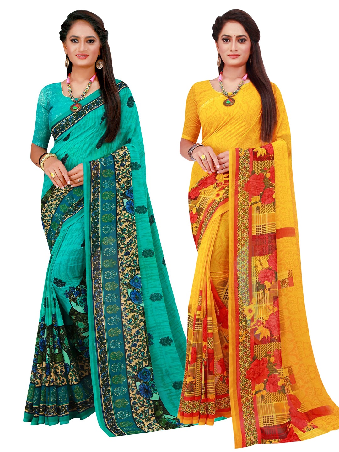 

SAADHVI Pack Of 2 Yellow & Turquoise Blue Pure Georgette Saree