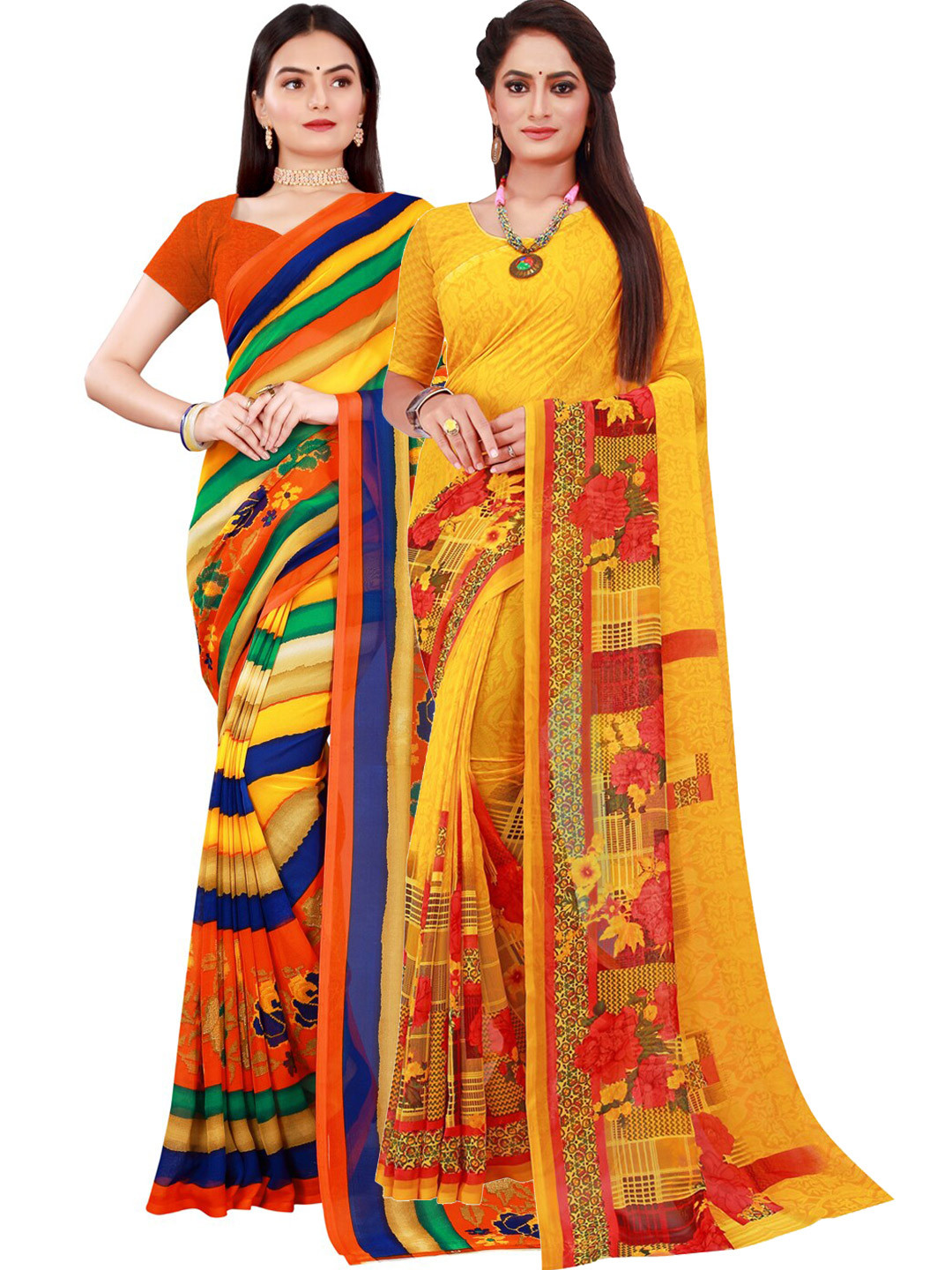 

SAADHVI Yellow & Orange Set of 2 Pure Georgette Saree
