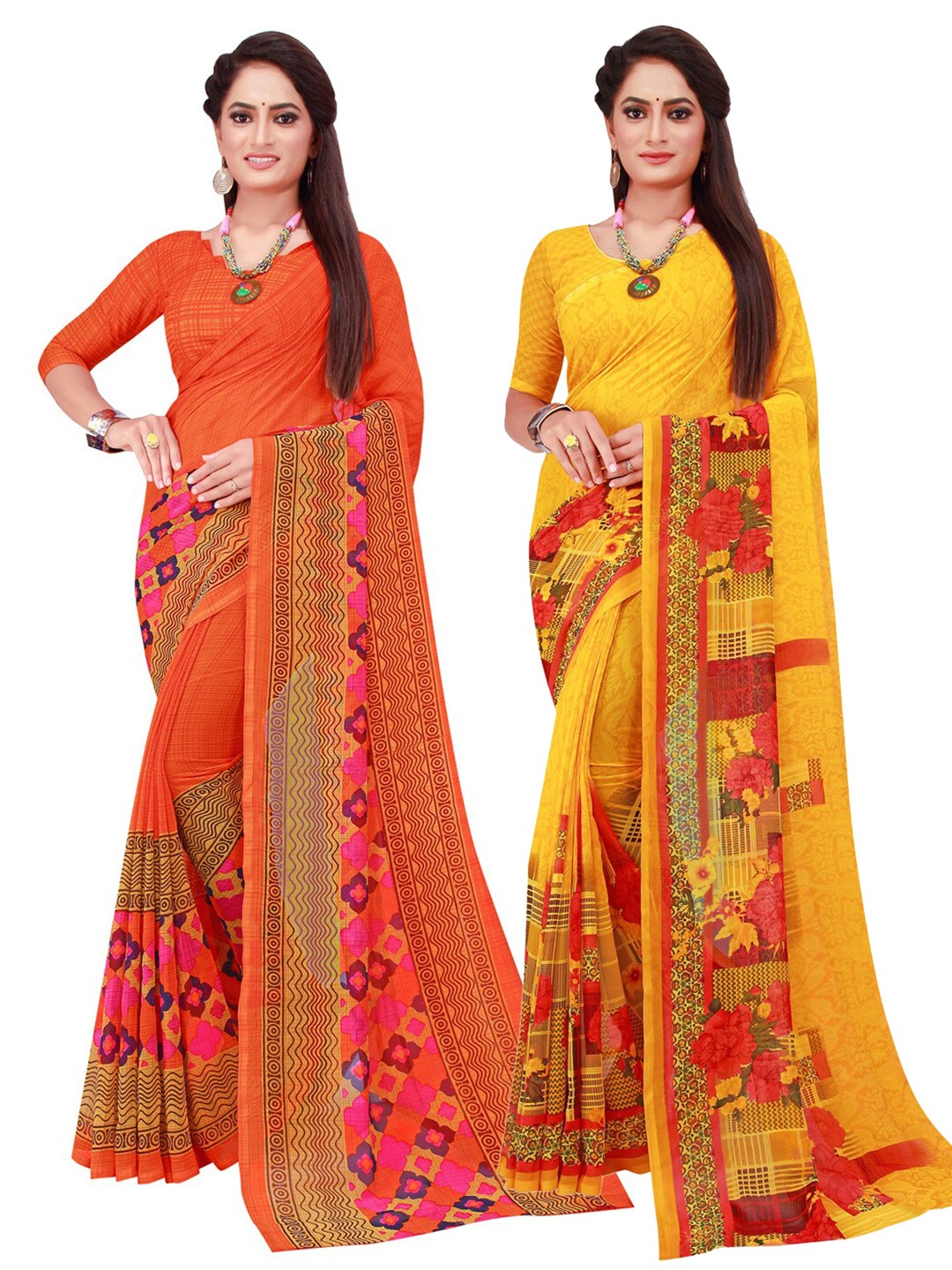 

SAADHVI Red & Yellow Pure Georgette Saree