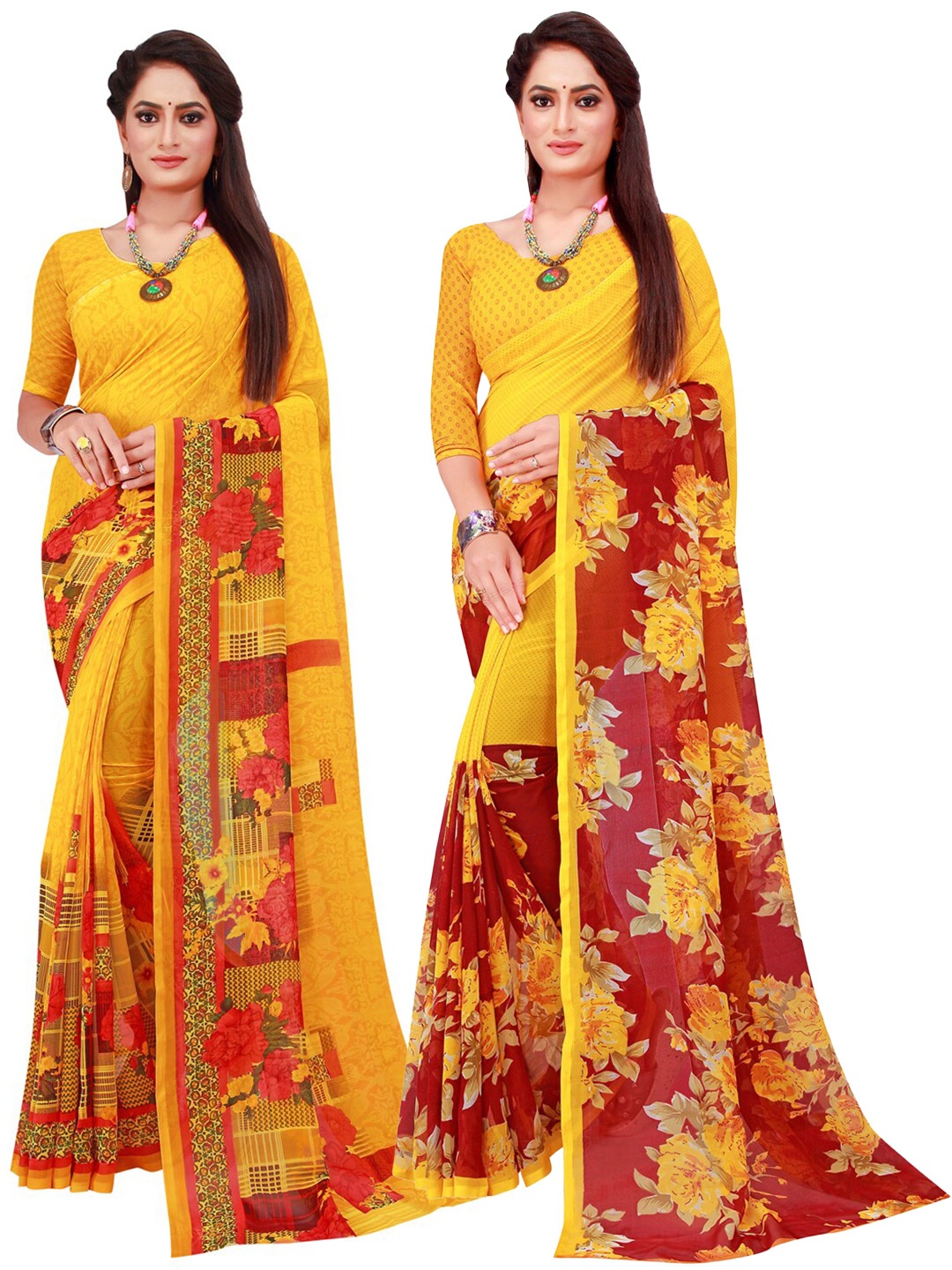 

SAADHVI Yellow & Maroon Geometric Pack of 2 Pure Georgette Saree