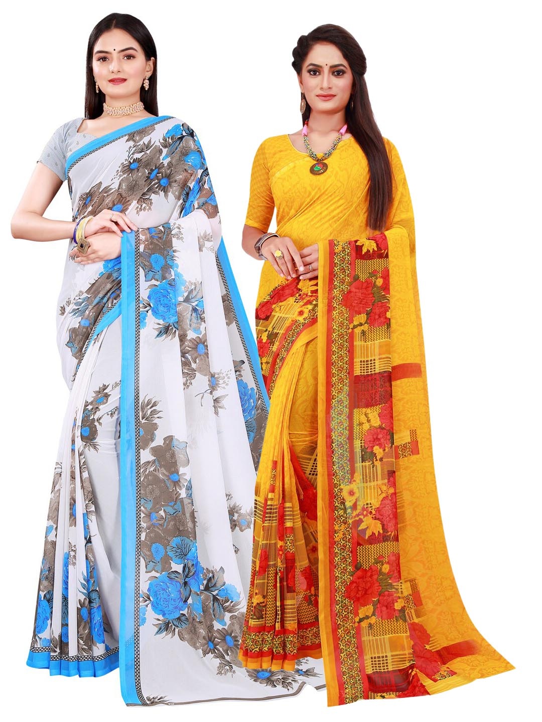 

SAADHVI Pack of 2 Yellow & White Pure Georgette Saree