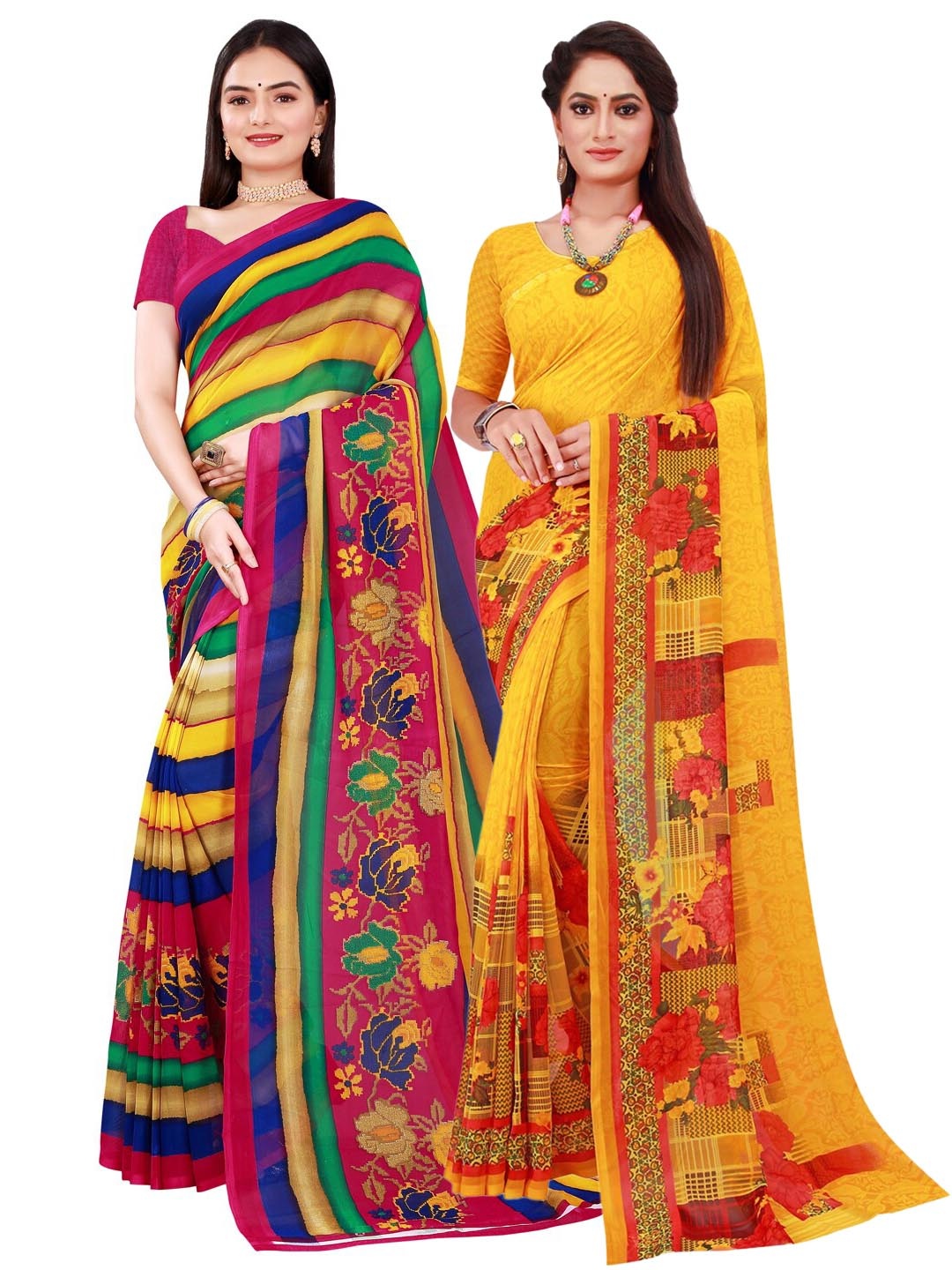

SAADHVI Pack Of 2 Yellow & Red Printed Pure Georgette Saree