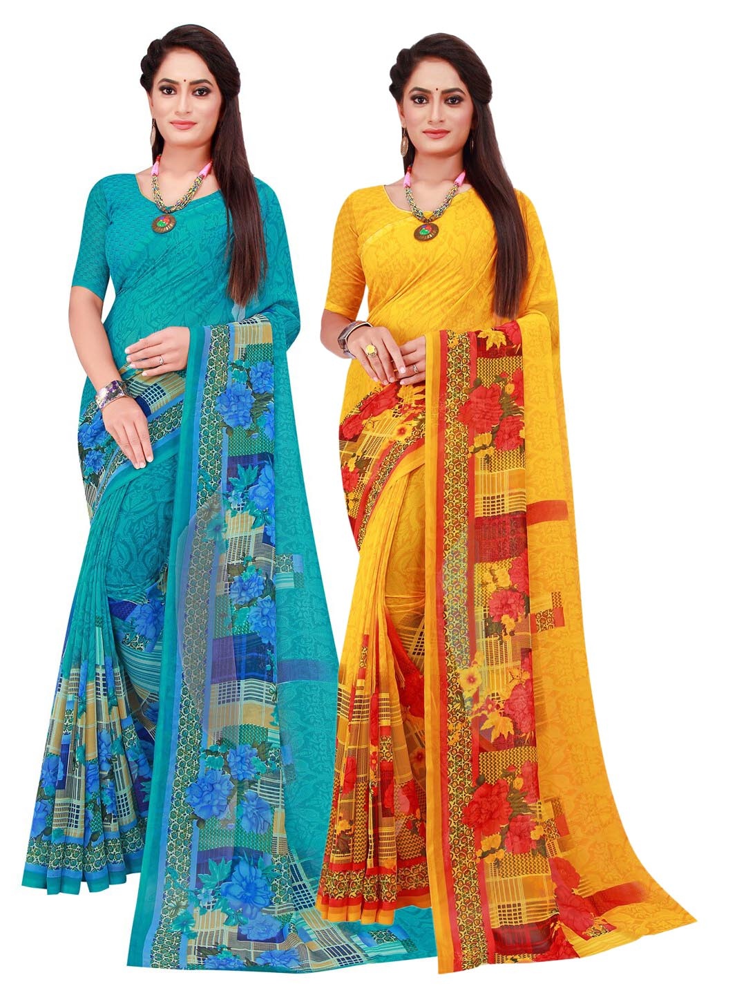 

SAADHVI Pack of 2 Turquoise Blue & Yellow Floral Printed Saree