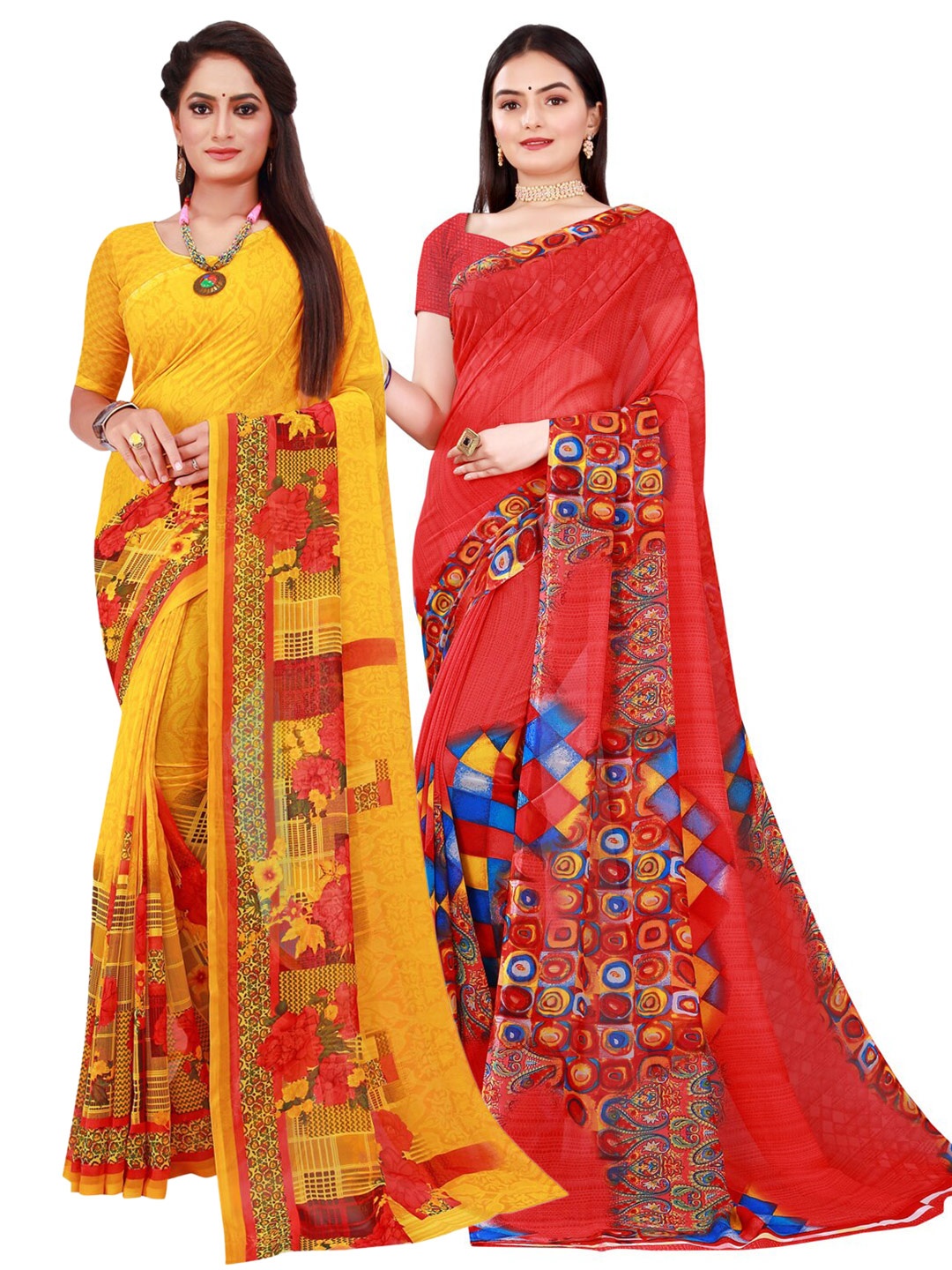 

SAADHVI Red & Yellow Pure Georgette Saree