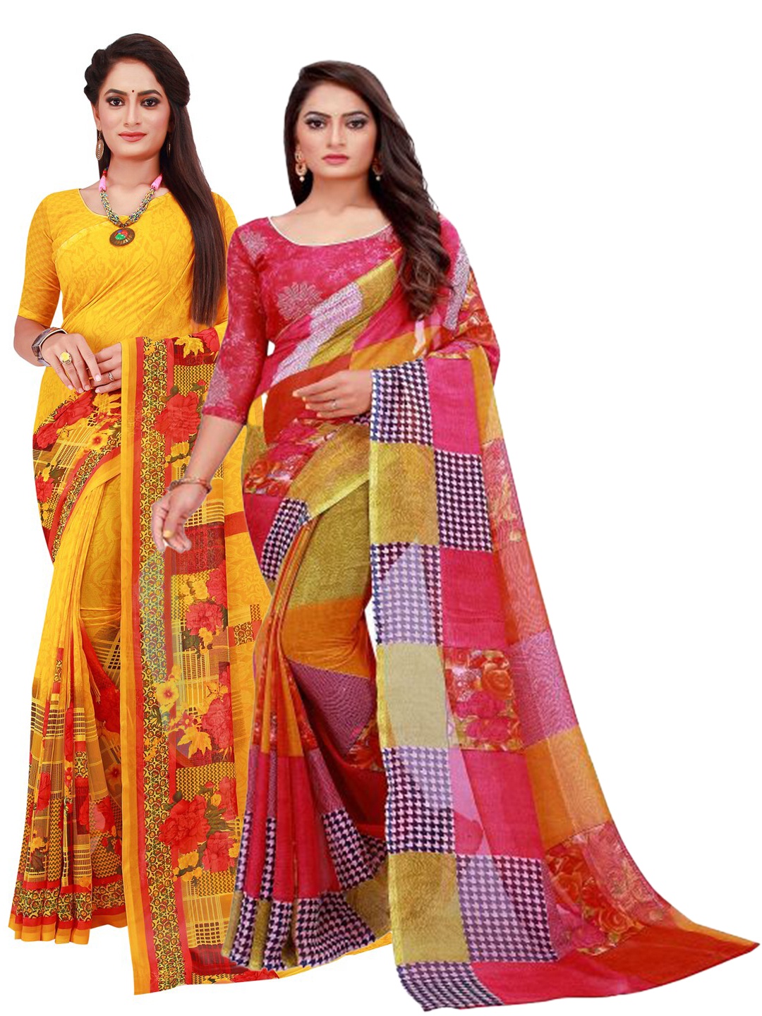 

SAADHVI Pack of 2 Red & Yellow Pure Georgette Saree