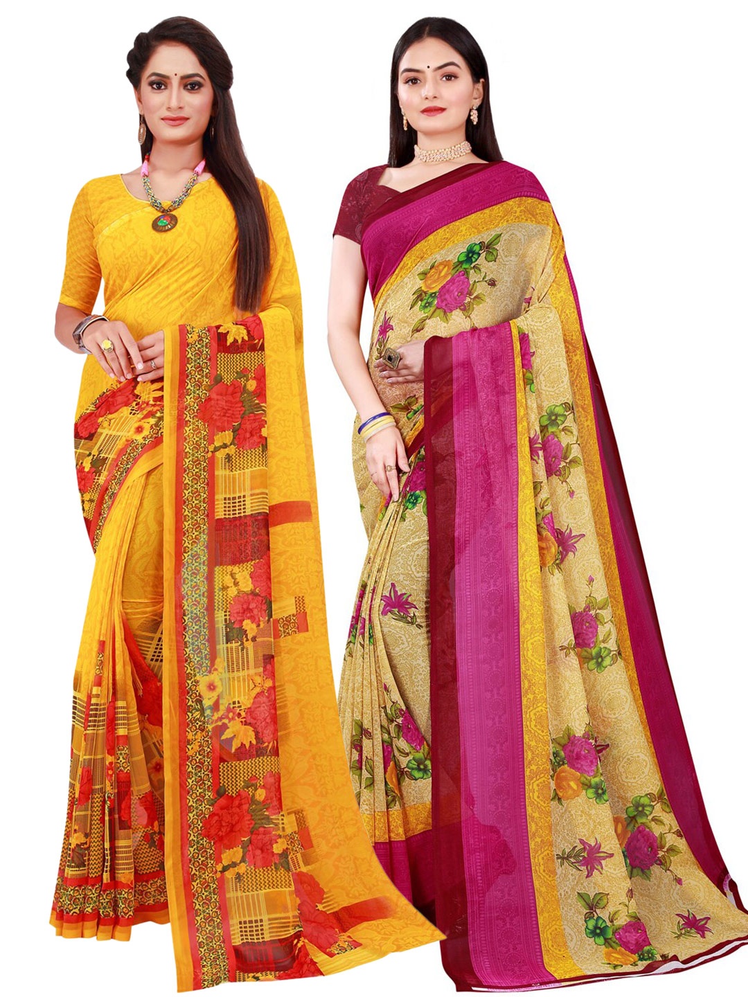 

SAADHVI Pack Of 2 Beige & Yellow Floral Pure Georgette Saree