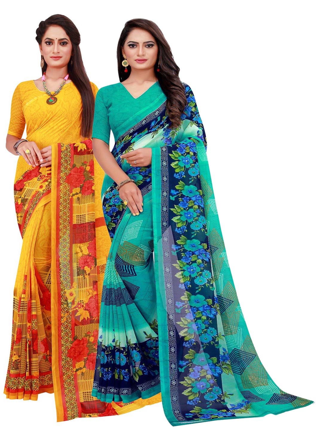 

SAADHVI Turquoise Blue & Yellow Pure Georgette Saree