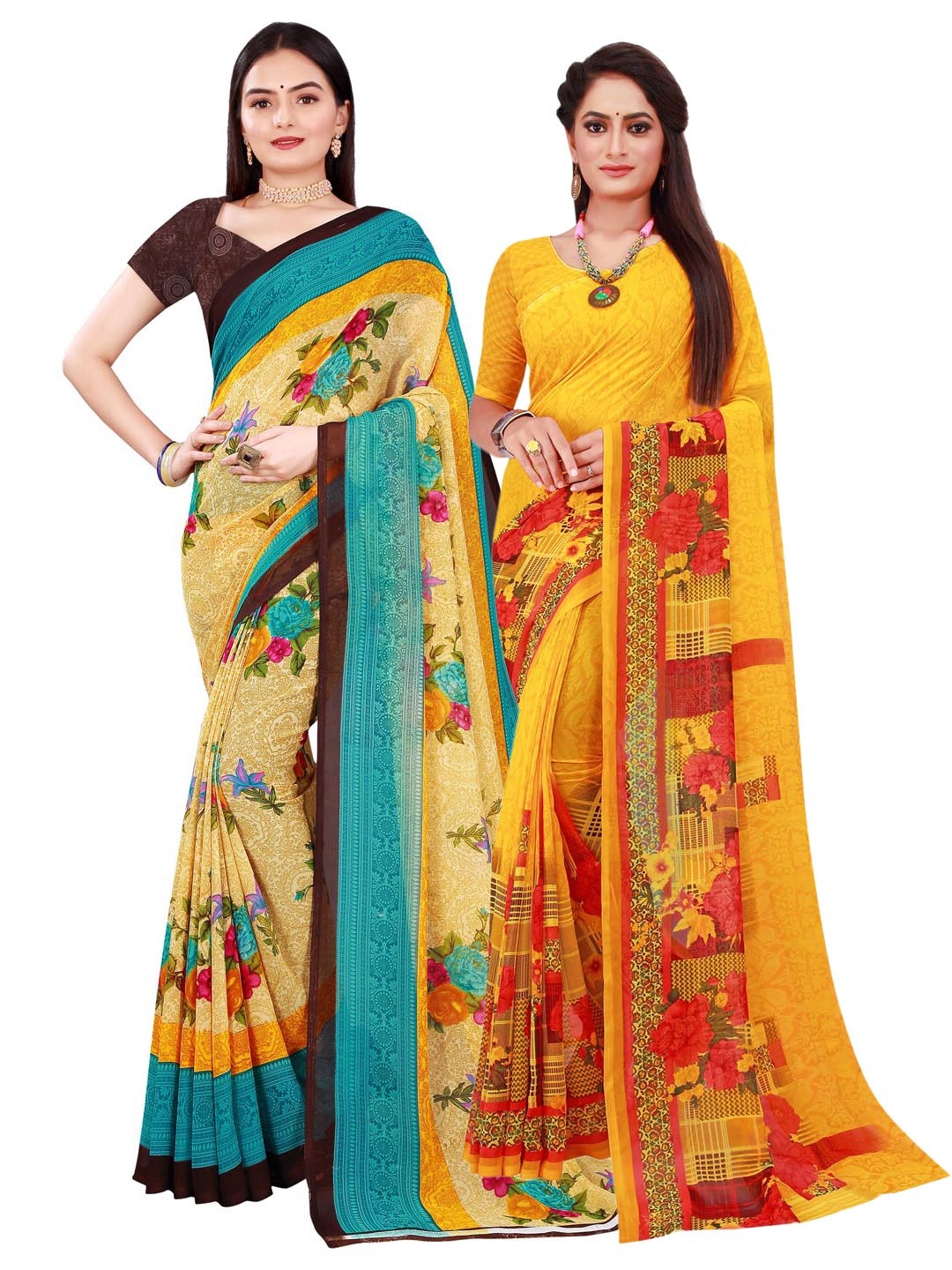 

SAADHVI Pack of 2 Yellow & Beige Pure Georgette Saree