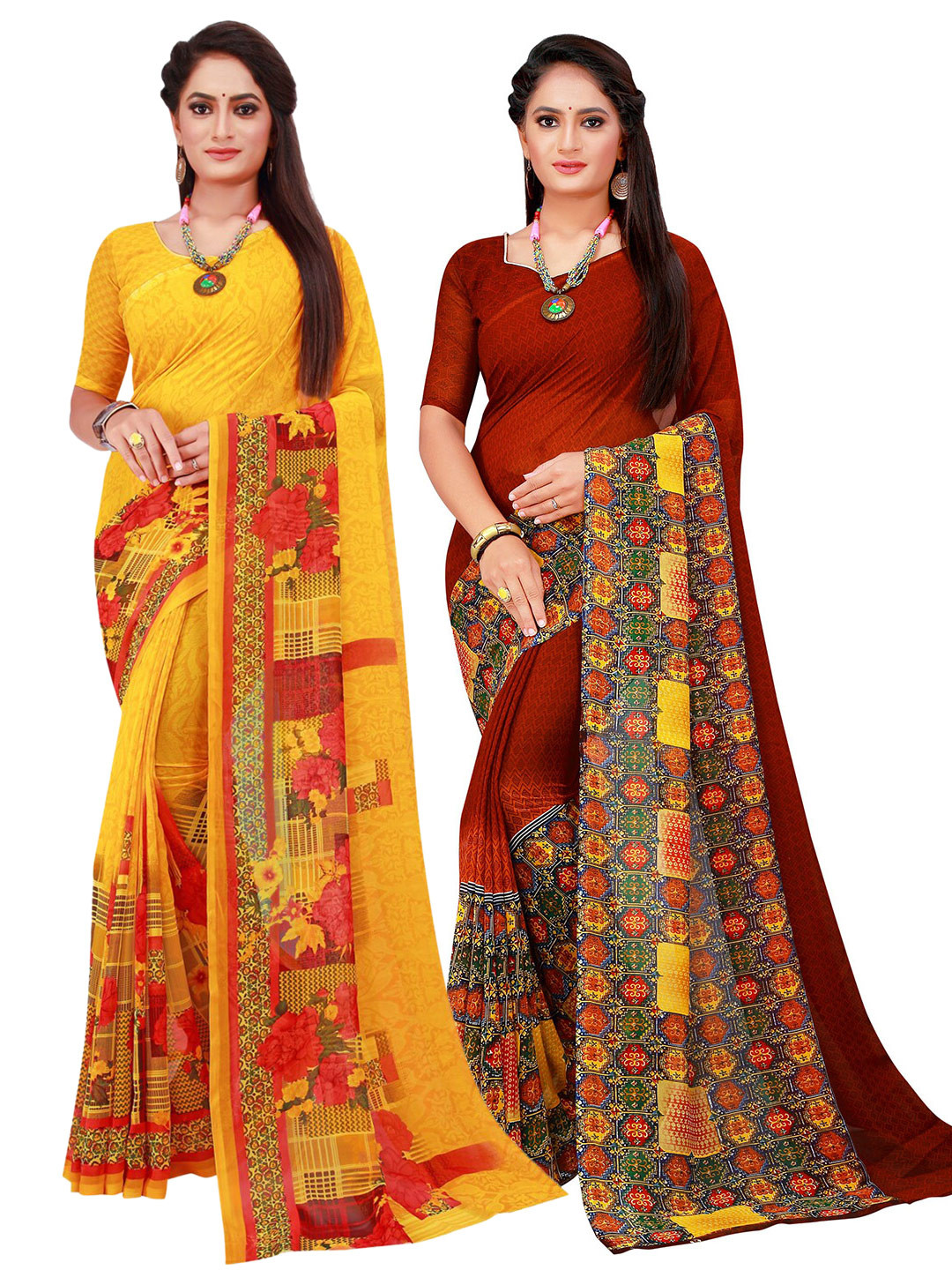 

SAADHVI Pack of 2 Yellow & Maroon Floral Printed Saree