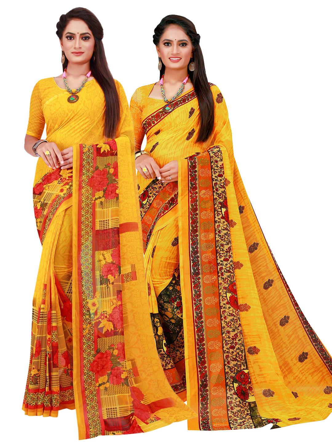 

SAADHVI Yellow & Red Set of 2 Pure Georgette Saree