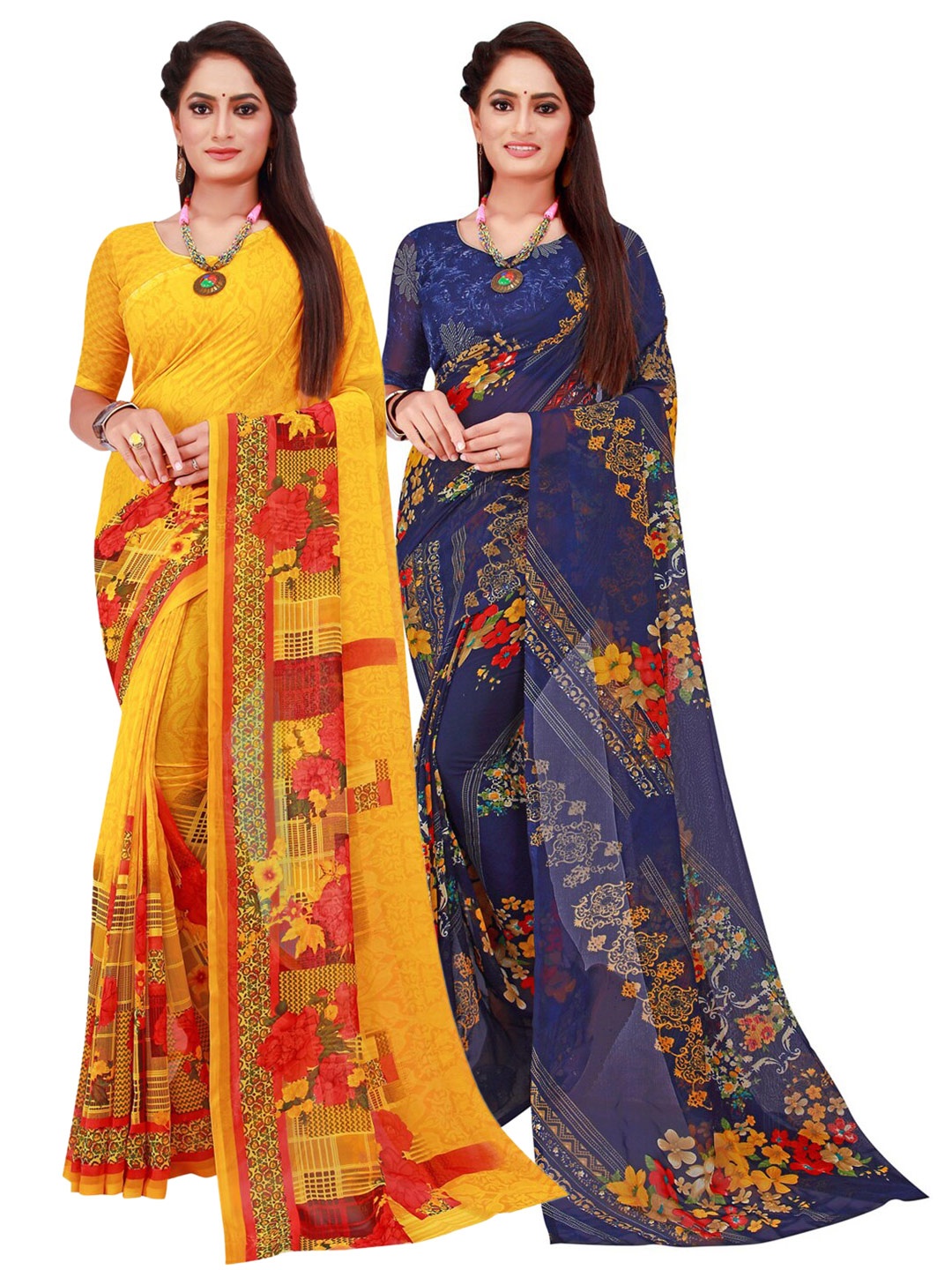

SAADHVI Yellow & Navy Blue Pure Georgette Saree