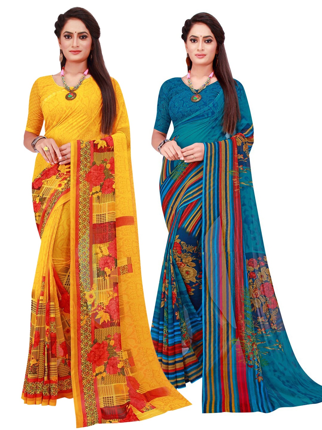 

SAADHVI Yellow & Blue Geometric Pack of 2 Pure Georgette Saree