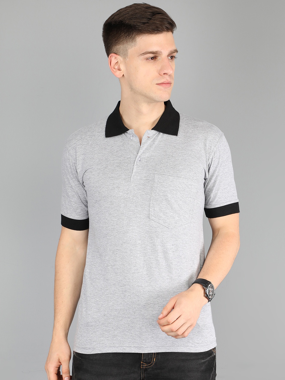 

Fleximaa Men Grey Polo Collar Cotton T-shirt