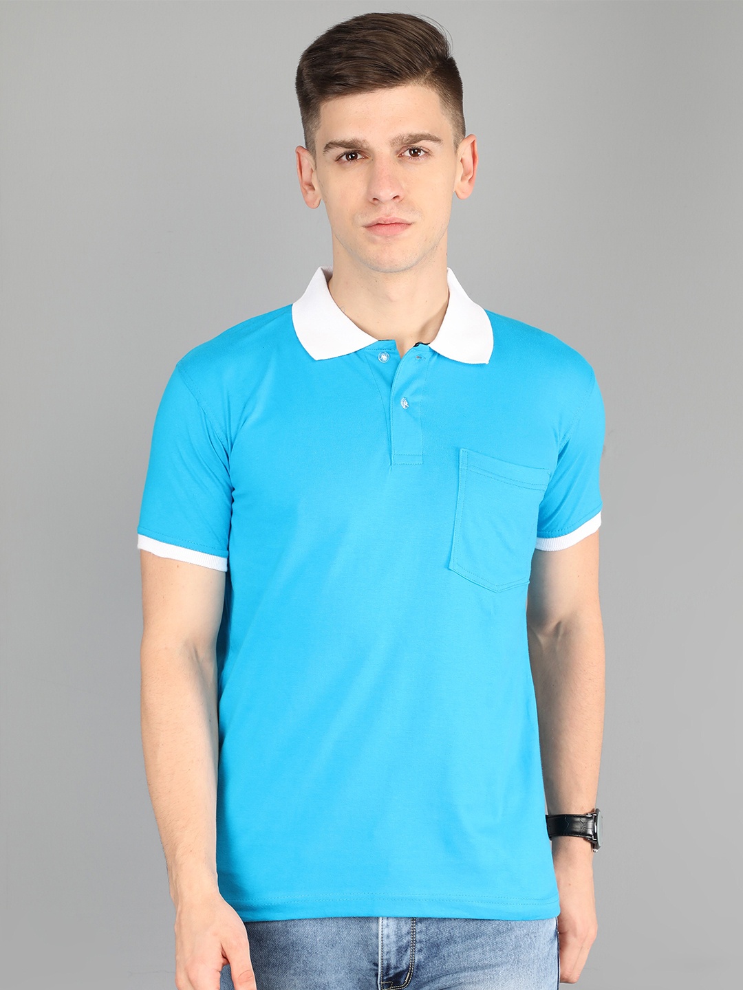 

Fleximaa Men Blue & White Polo Collar T-shirt