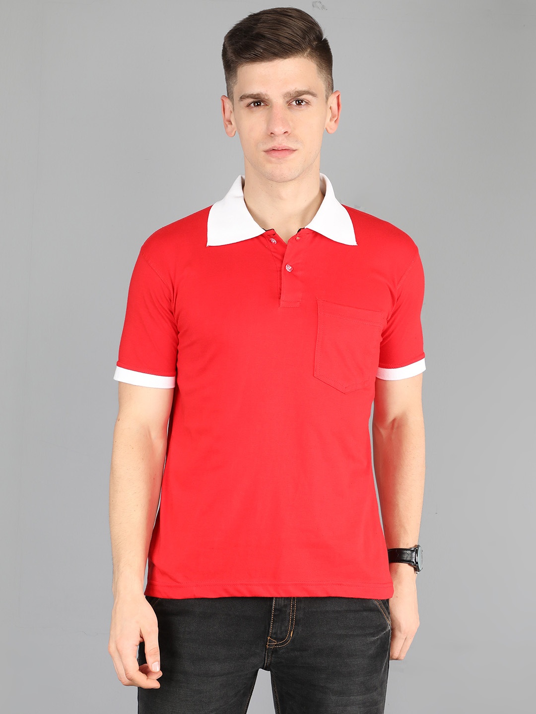 

Fleximaa Men Red & White Polo Collar half sleeve T-shirt