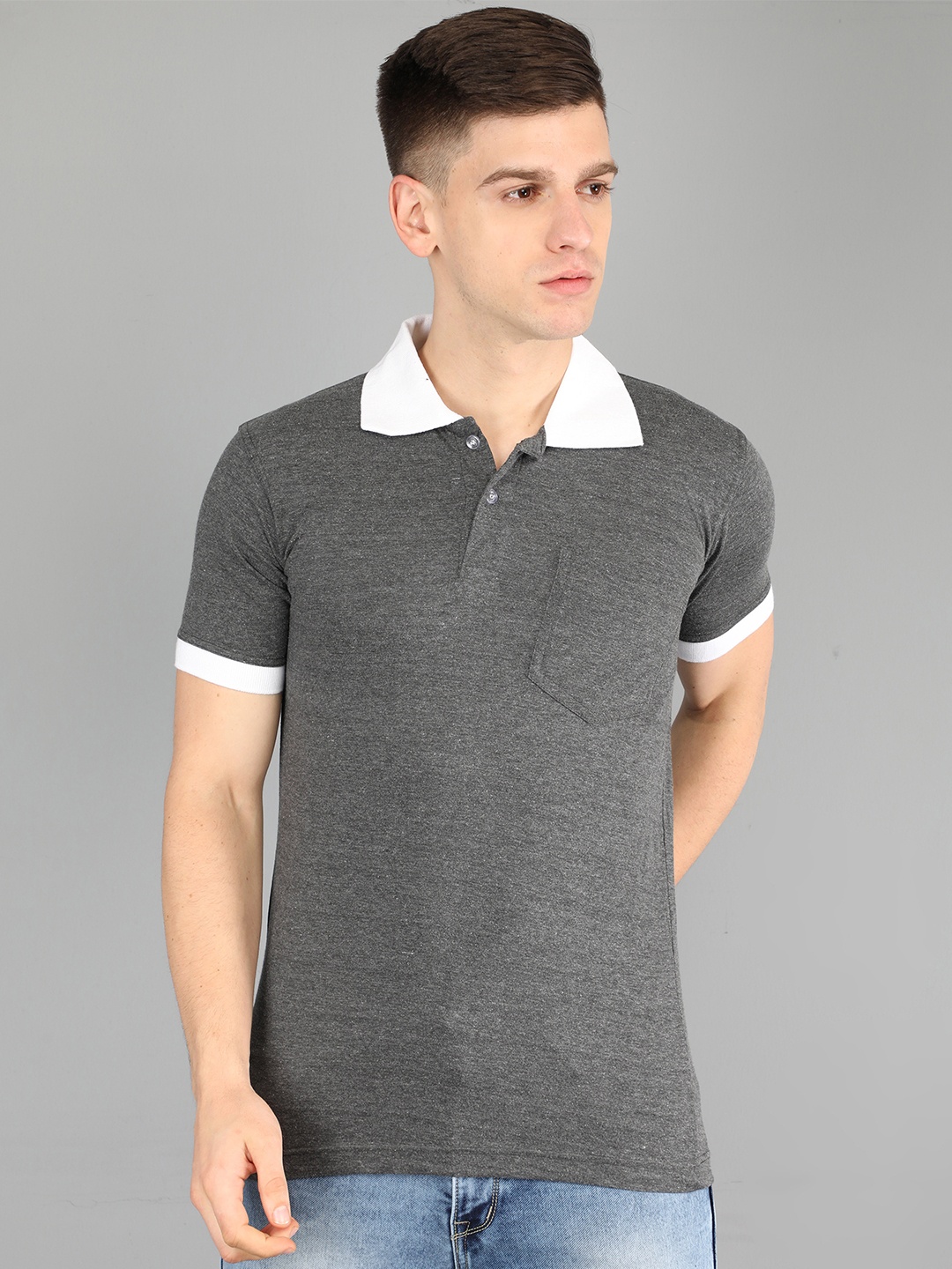 

Fleximaa Men Charcoal Polo Collar T-shirt