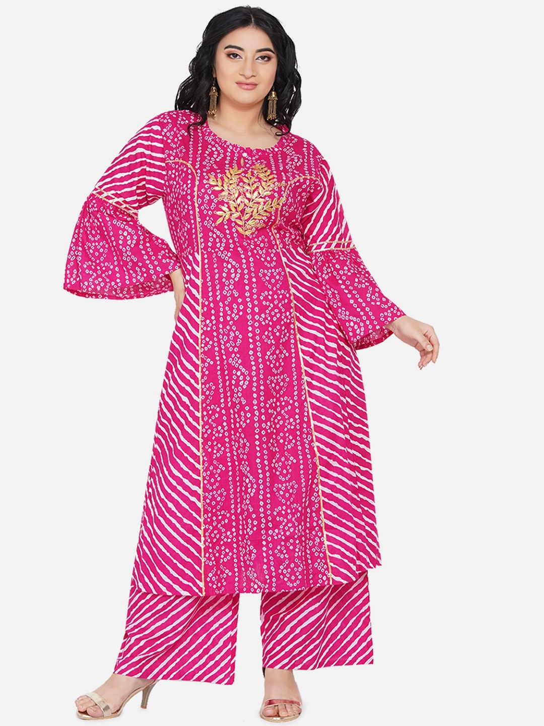 

Love More Women Pink Leheriya Printed Kurti with Palazzos & With Dupatta