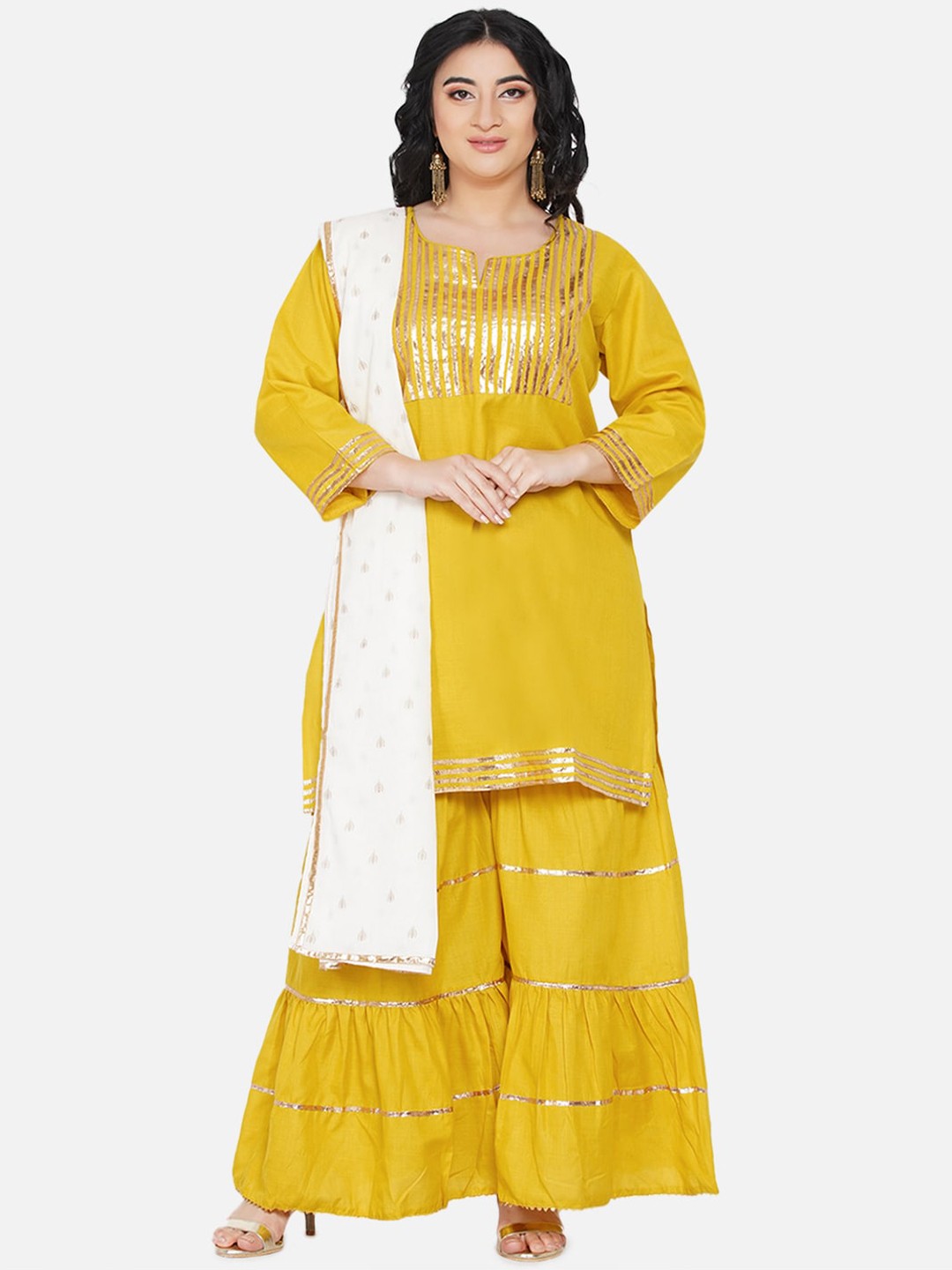 

Love More Women Yellow Yoke Design Kurta with Sharara & With Dupatta