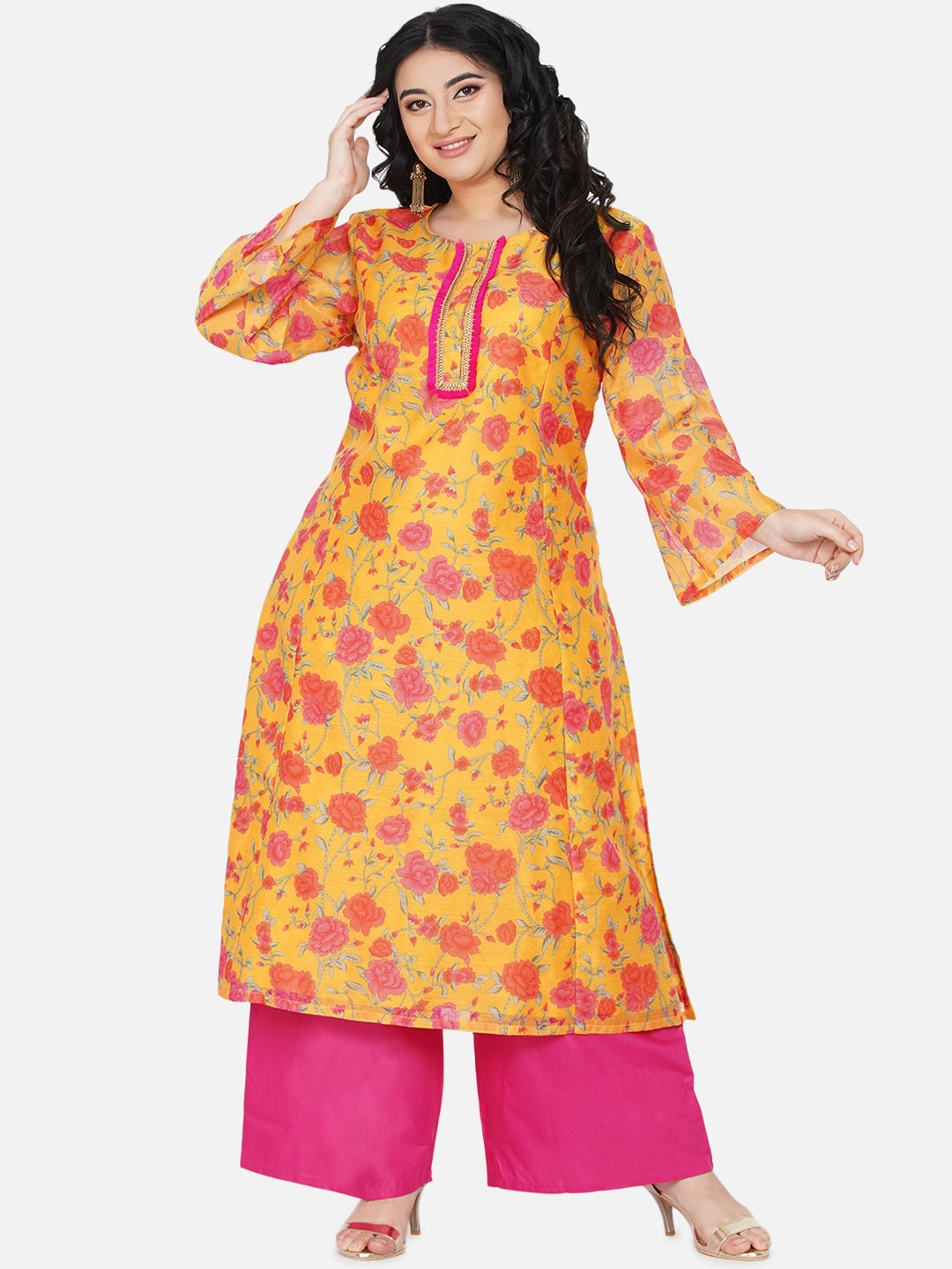 

Love More Plus Size Women Mustard Yellow & Pink Floral Printed Kurta with Palazzos