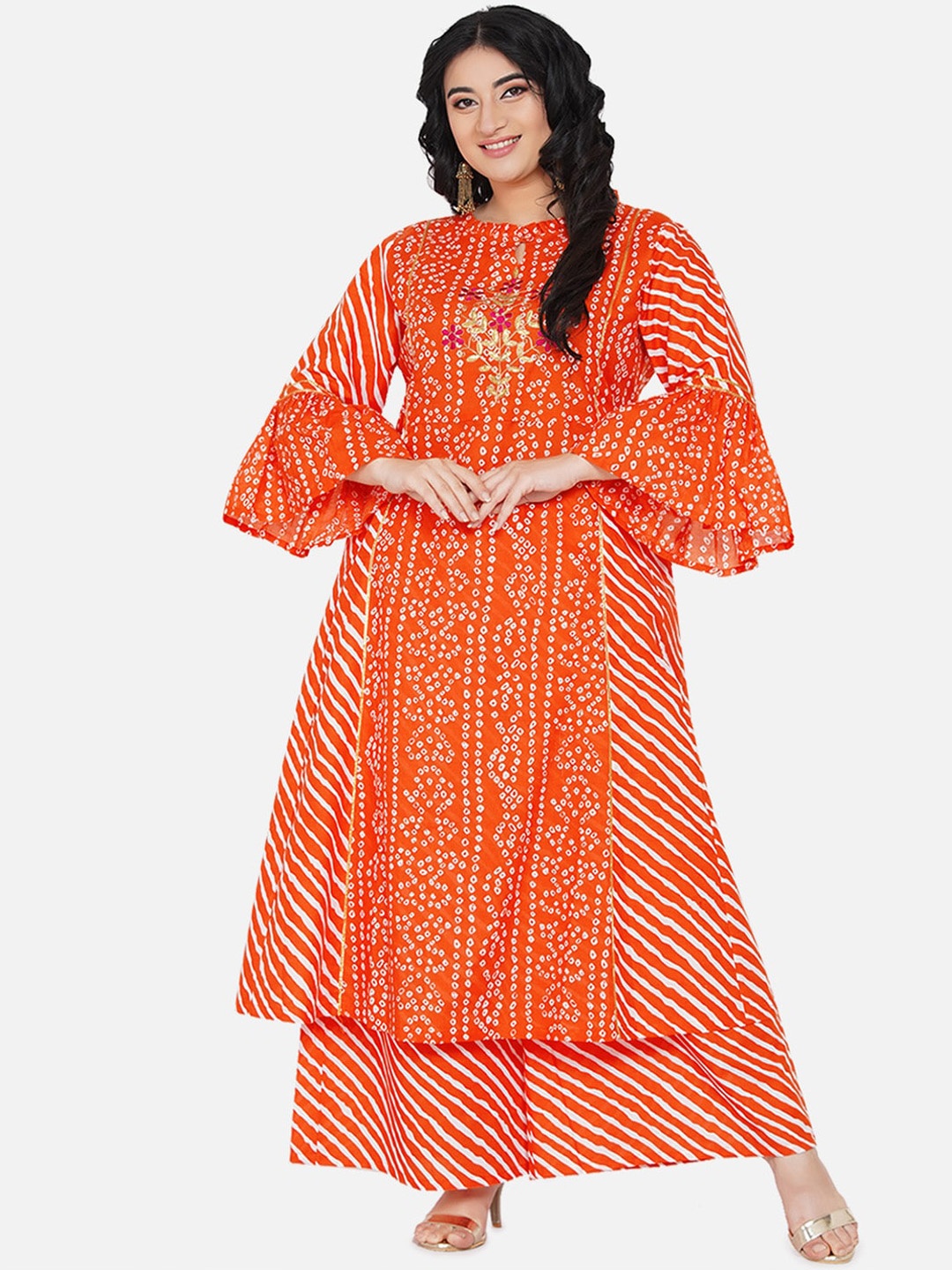 

Love More Women Orange Bandhani Printed Panelled Kurta with Palazzos