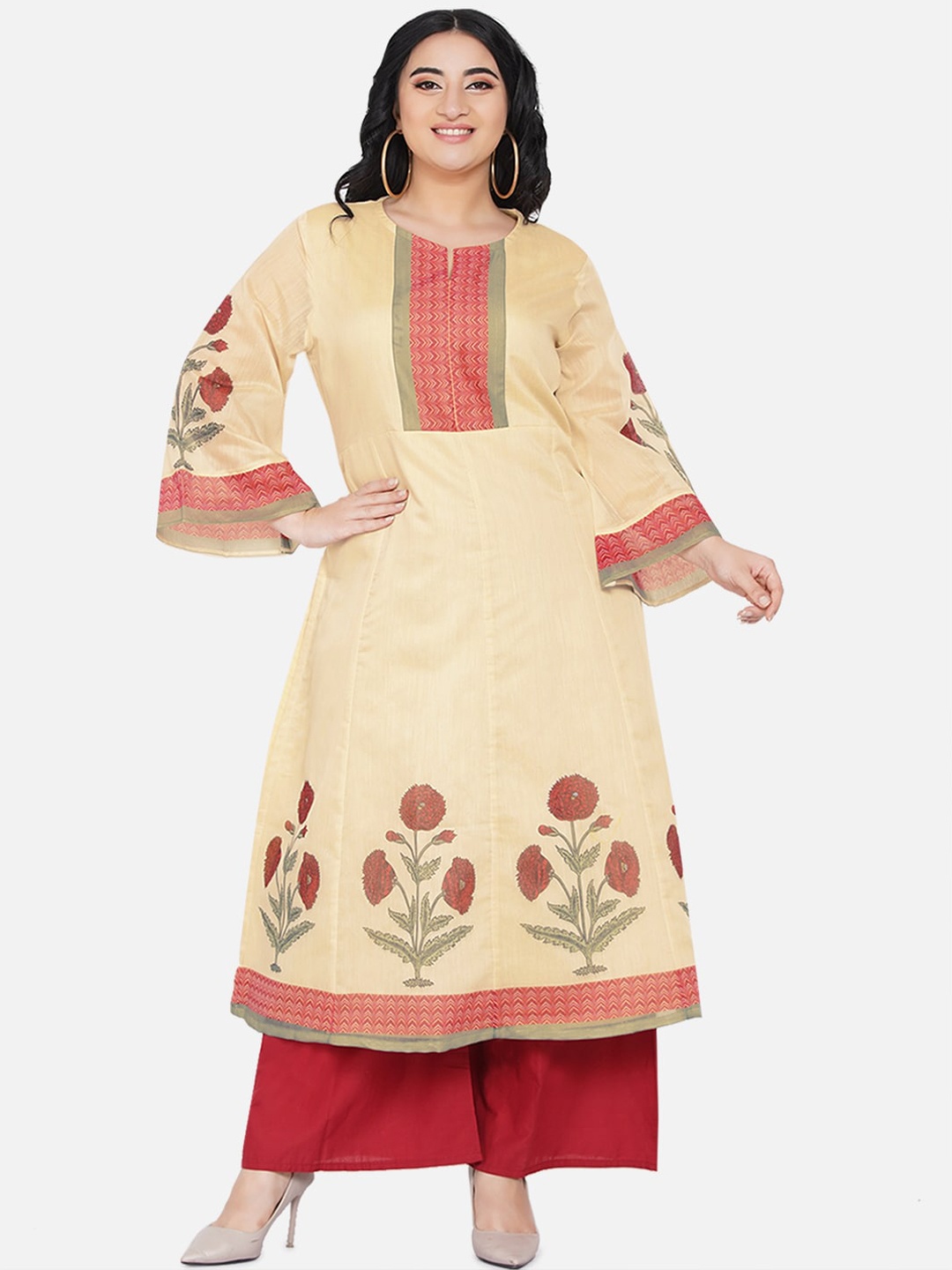 

Love More Women Beige & Red Print Kurta with Palazzos