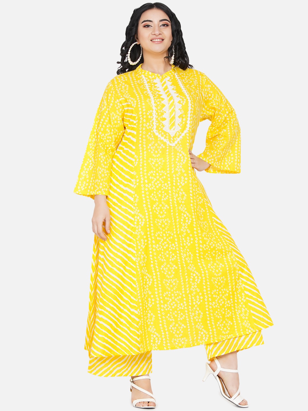 

Love More Plus Size Women Yellow Bandhani Striped Layered Thread Work Kurta with Palazzos