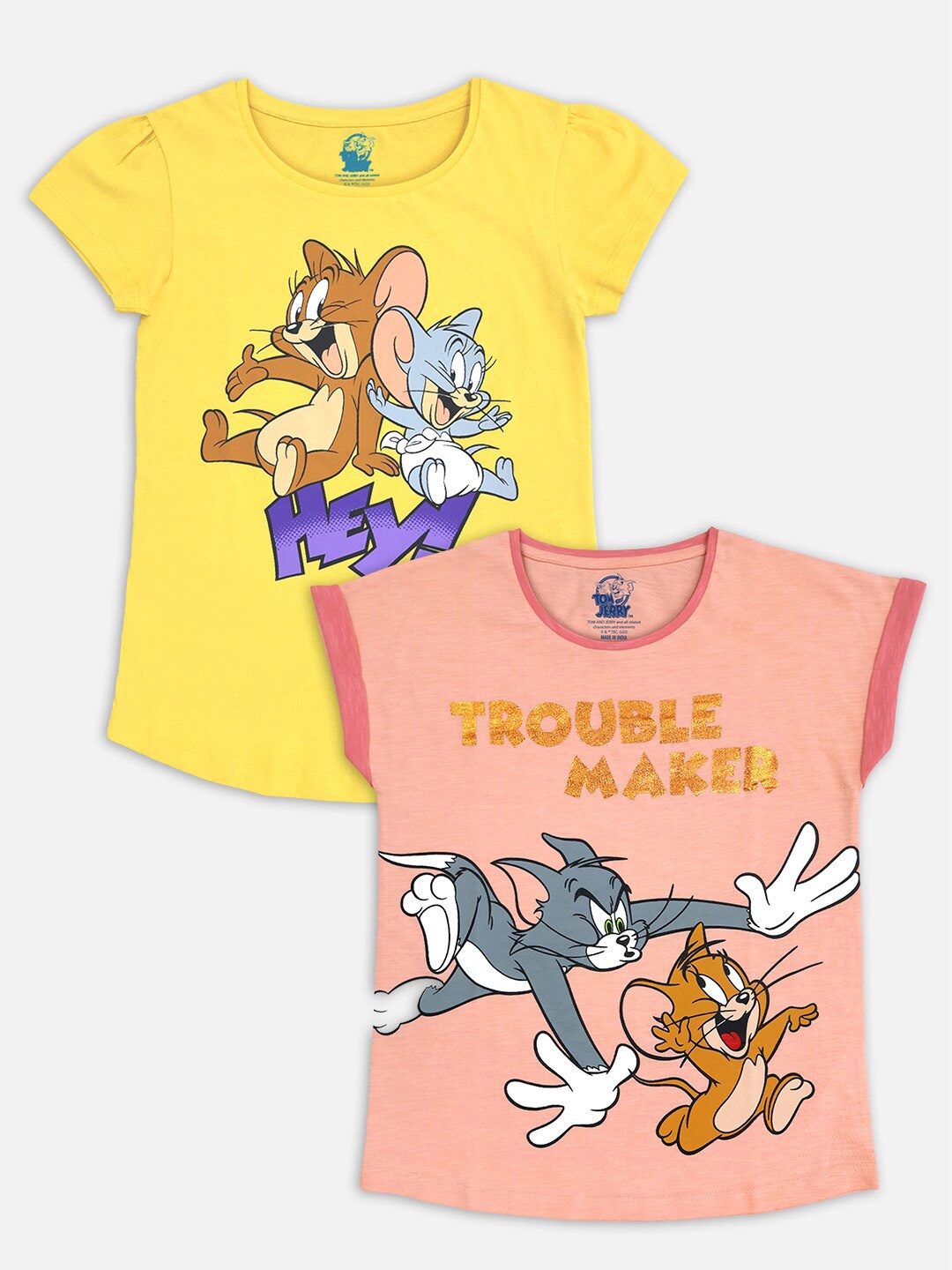 

Kids Ville Girls Pack Of 2 Tom & Jerry Printed Tshirts, Yellow