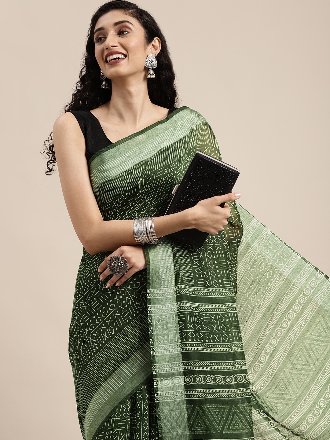 

Shaily Green Ethnic Motifs Print Zari Silk Cotton Saree