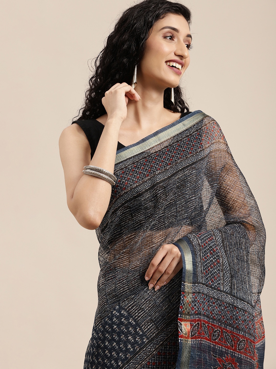 

KALINI Navy Blue & White Ethnic Motifs Zari Silk Cotton Saree