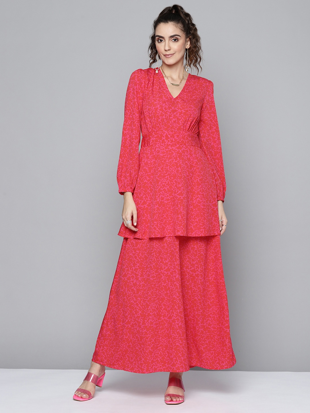 

SASSAFRAS Women Fuchsia Pink & Red Floral Layered Maxi Dress